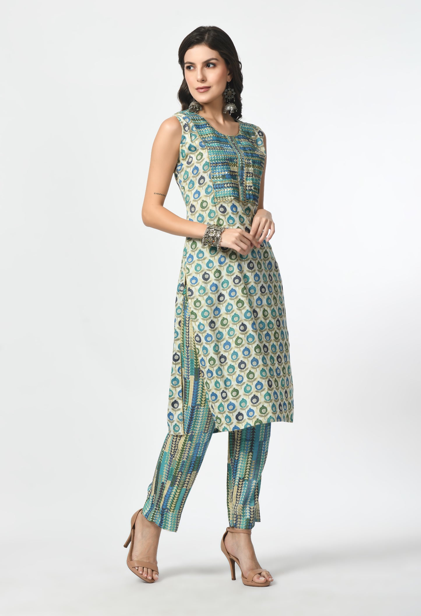 MAURYA Women's Rayon Slub Firoji Anaar Print A line Sippi Work Kurta with Pant & Dupatta (MKS040)
