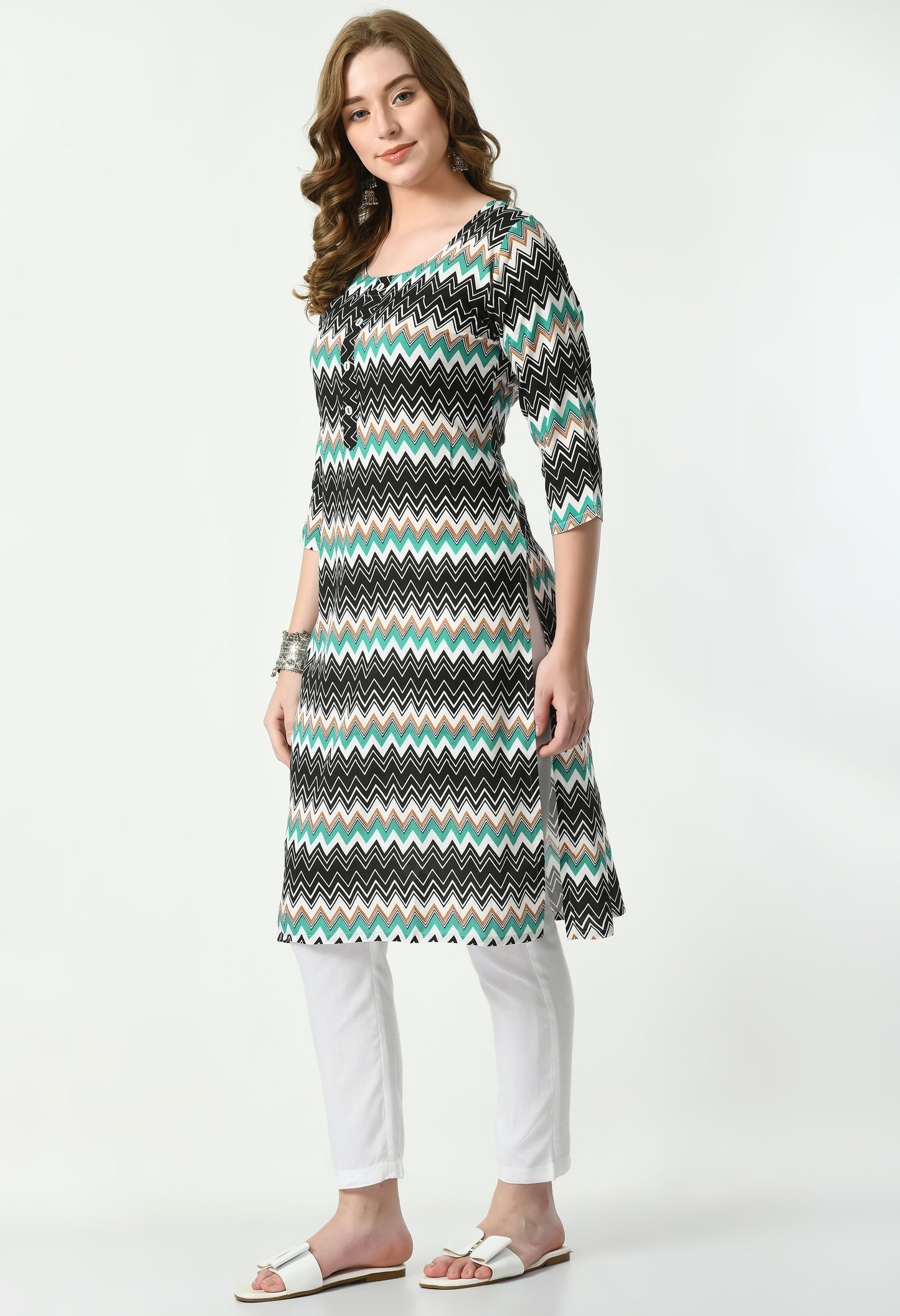 MAURYA Women's Rayon Rama Colour Zig-Zag Print Calf Length Straight Kurta with Buttons (MKT091)