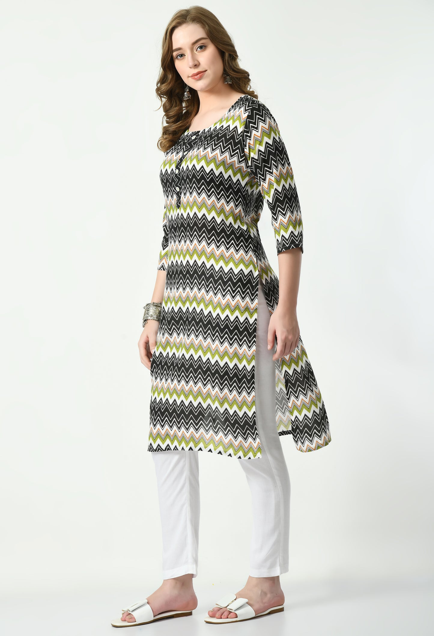 MAURYA Women's Rayon Green Color Zig-Zag Print Calf Length Straight Kurta with Buttons (MKT088)