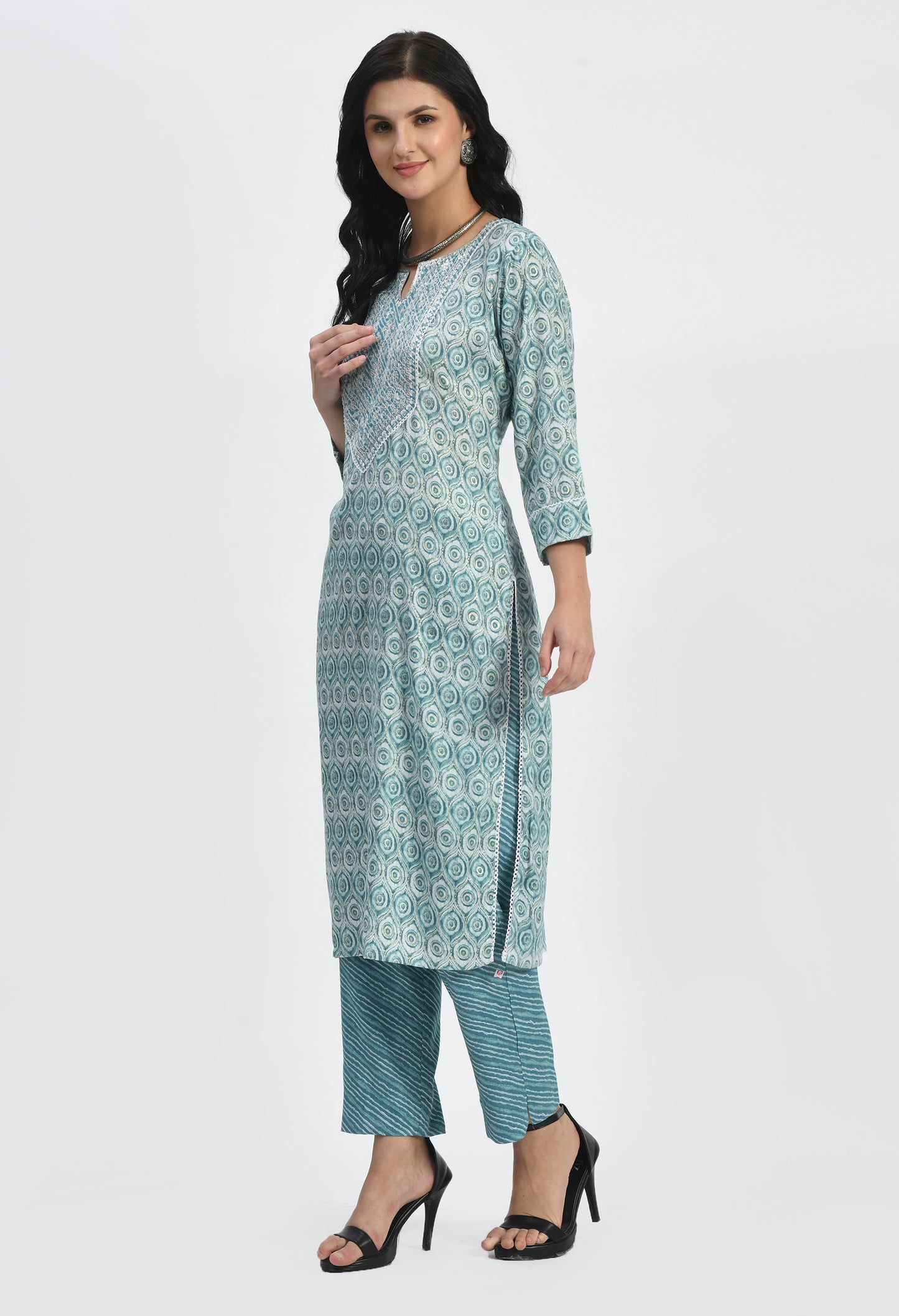 MAURYA Women's Rayon Slub Rama Eyes Print Computer Embroidery with Sippi Work A line Kurta with Pant & Dupatta (MKS041)