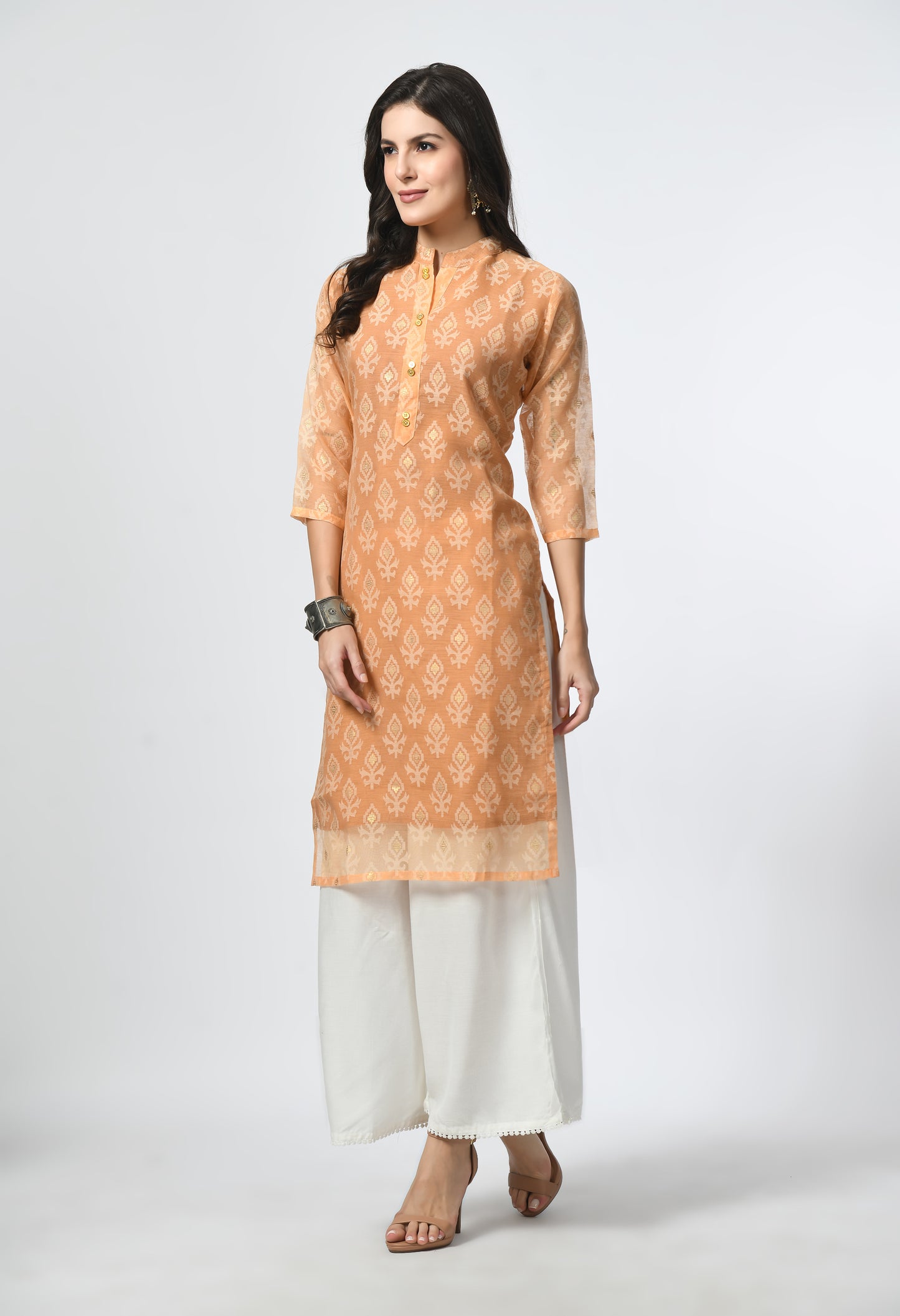 MAURYA Women's Orange Color Chanderi Braso Floral Print Straight Kurta with Cotton Lining Kurti (MKT111)