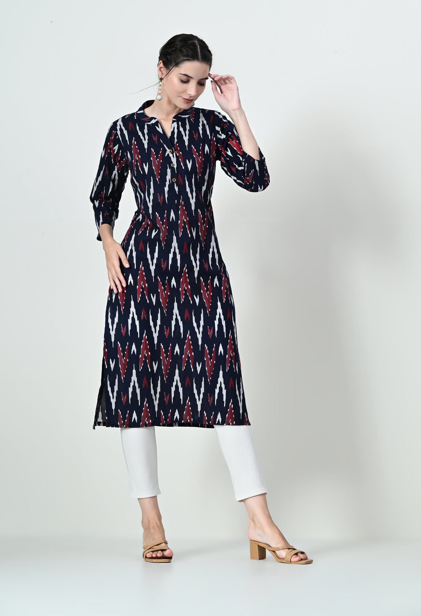 MAURYA Women's Cotton Ikkat Print Navy Blue Calf Length Straight Kurta (MKT140)