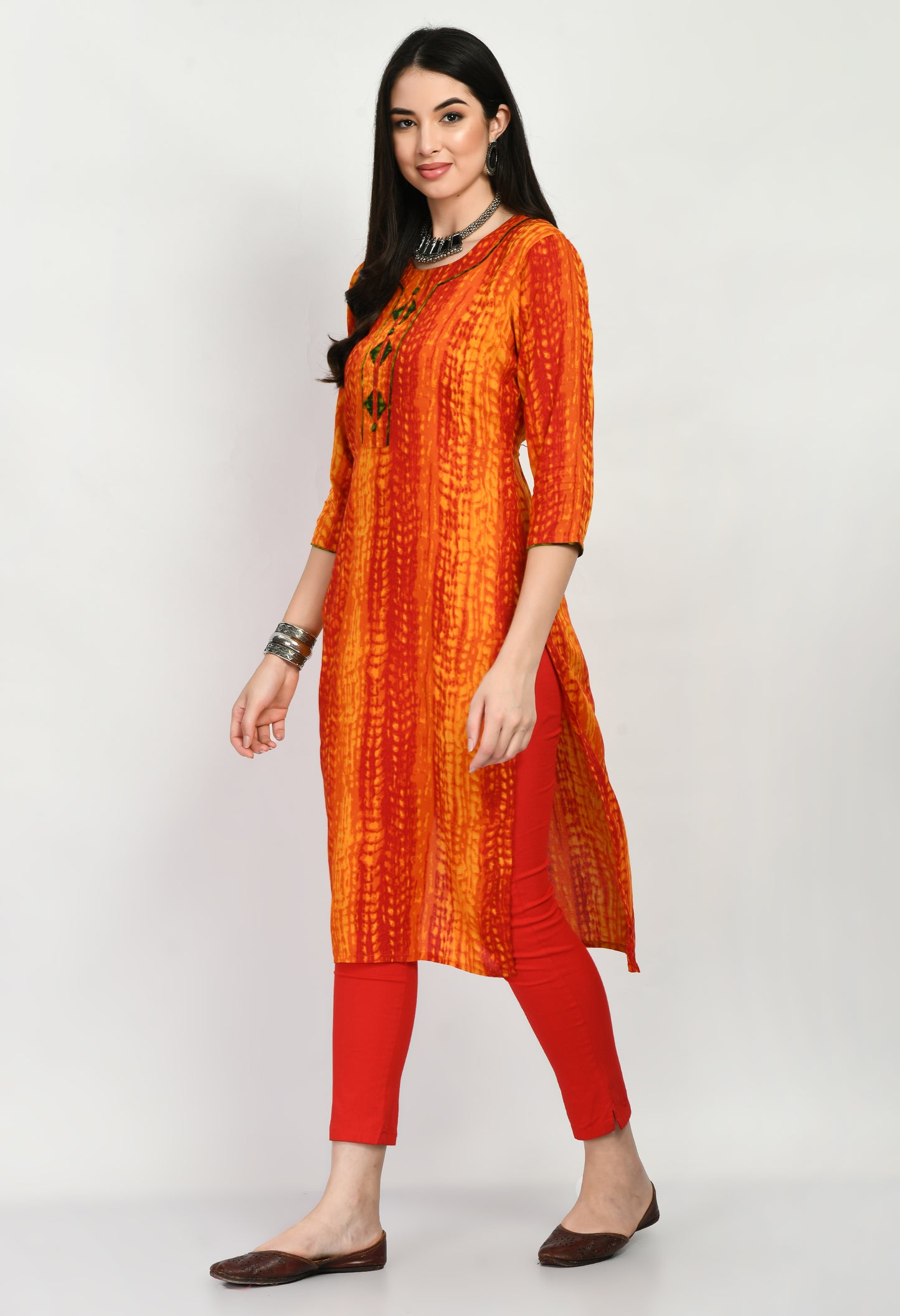 MAURYA Women's Rayon Rust Color Batik Print Calf Length Straight Kurti (MKT024)
