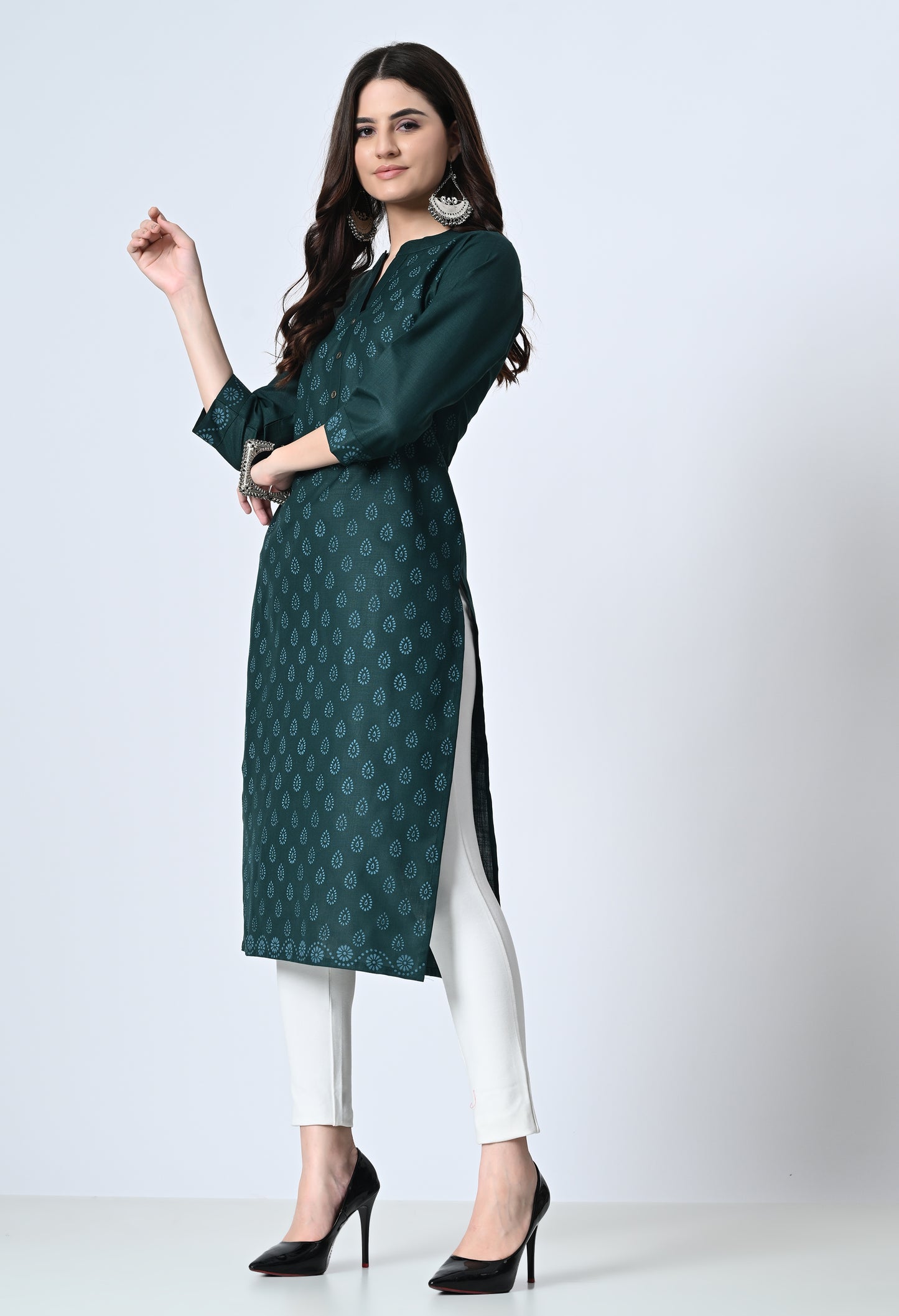 MAURYA Women's Cotton Blend Printed Bottle Green Calf Length High Neck Straight Kurta (MKT137)