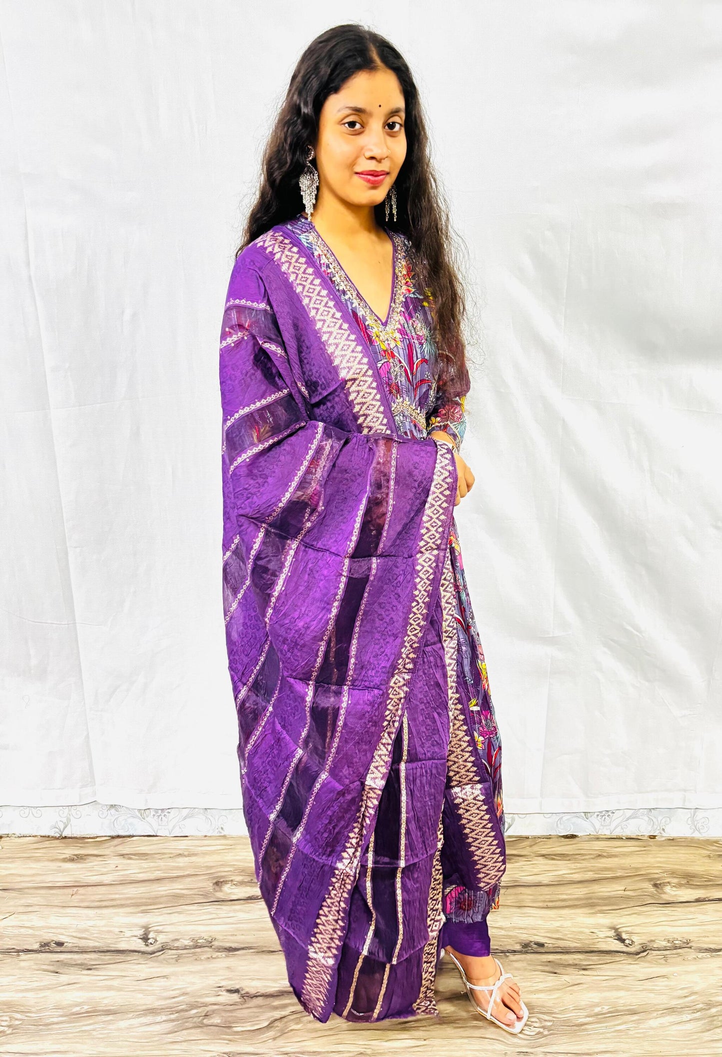 MAURYA Women Purple Printed Chiffon Naira Cut Set with Dupatta (WMKS025)