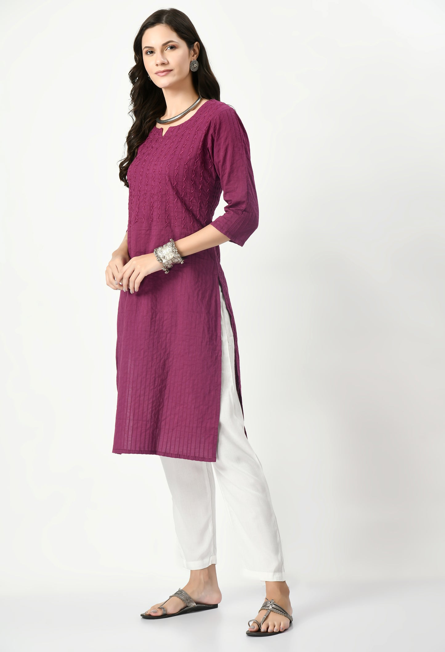 MAURYA Women's Pure Cotton Pintex Purple Hand Work Calf Length Straight Kurti (MKT080)