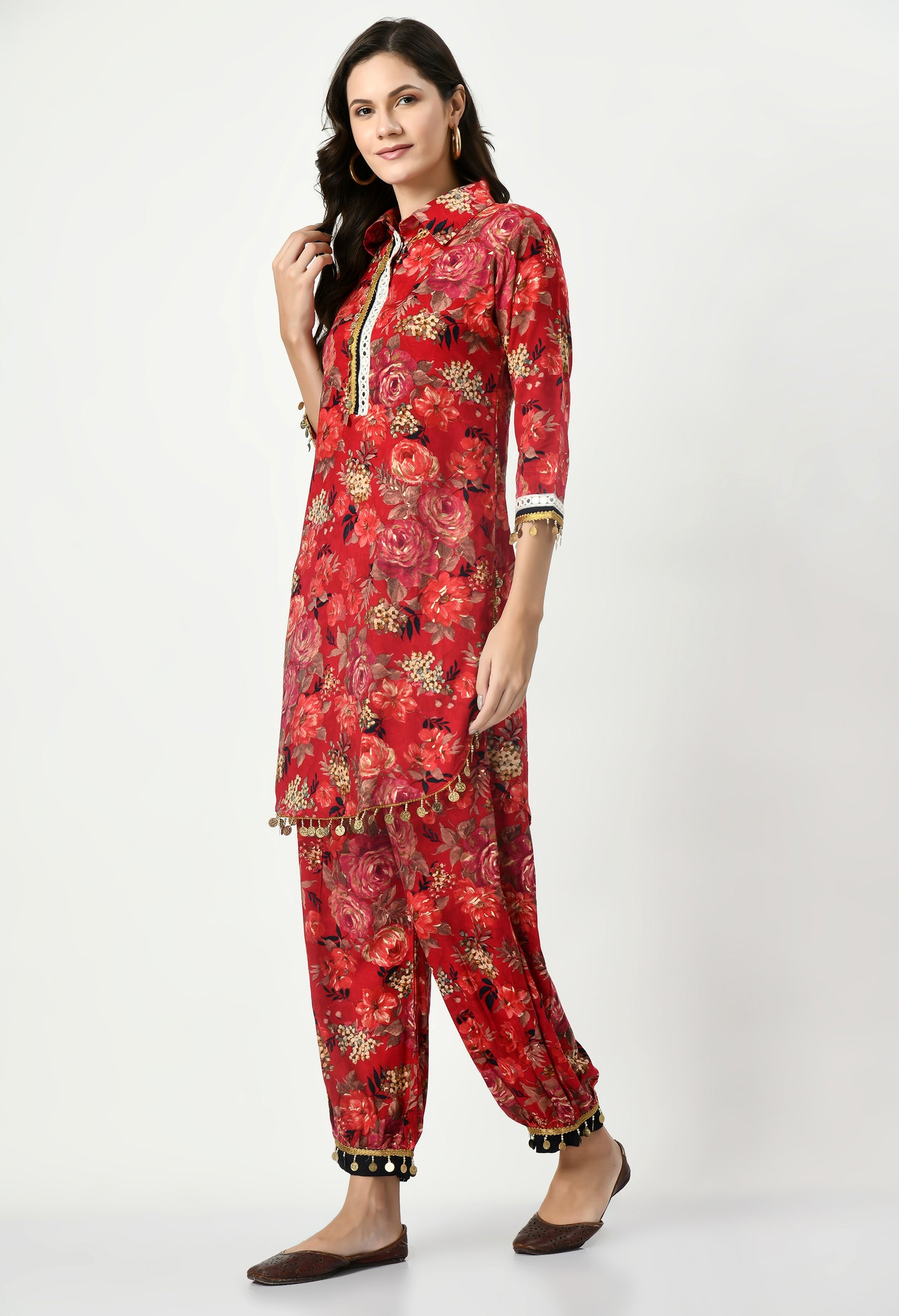 MAURYA Women's Rayon Red Floral Print Laced Ethnic Afgani Co-ord Set with 2 Side Pockets (MCS027)