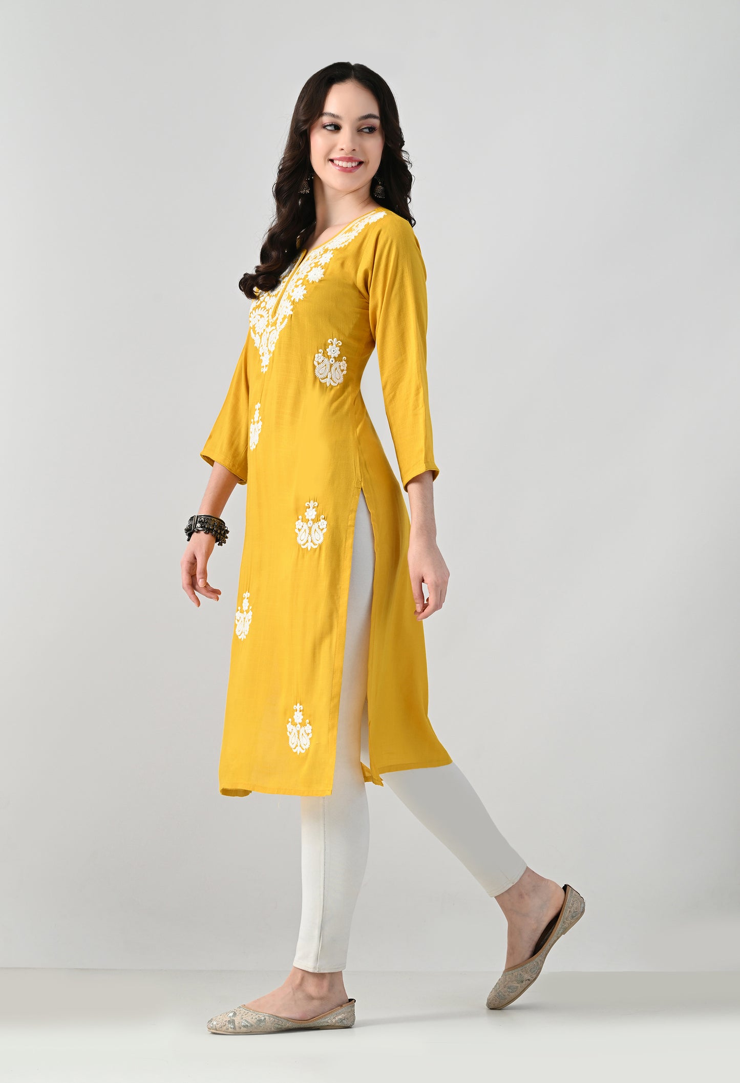 MAURYA Women's Yellow Rayon Slub Round Neck Embroidered Kurti (MKT146)