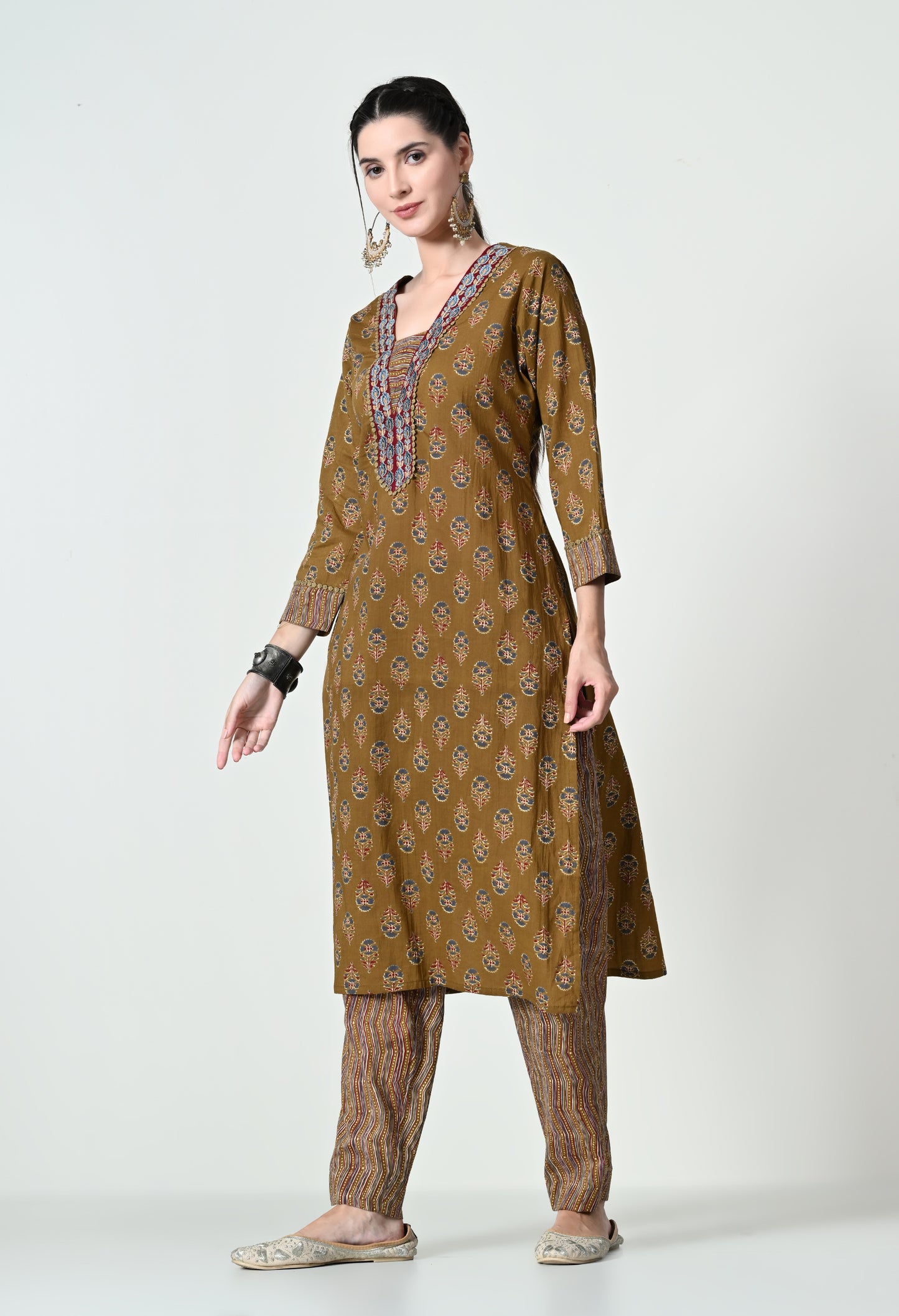 MAURYA Women's 100% Cotton Kalamkari Print Mustard Colour Embroidery with Lace Kurta Set with Trendy Dupatta (WMKS003)