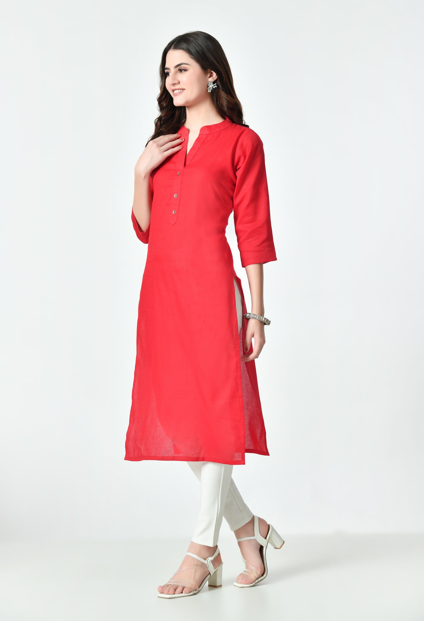 MAURYA Women's Red Color Solid Cotton Blend Regular Straight Kurti (MKT127)