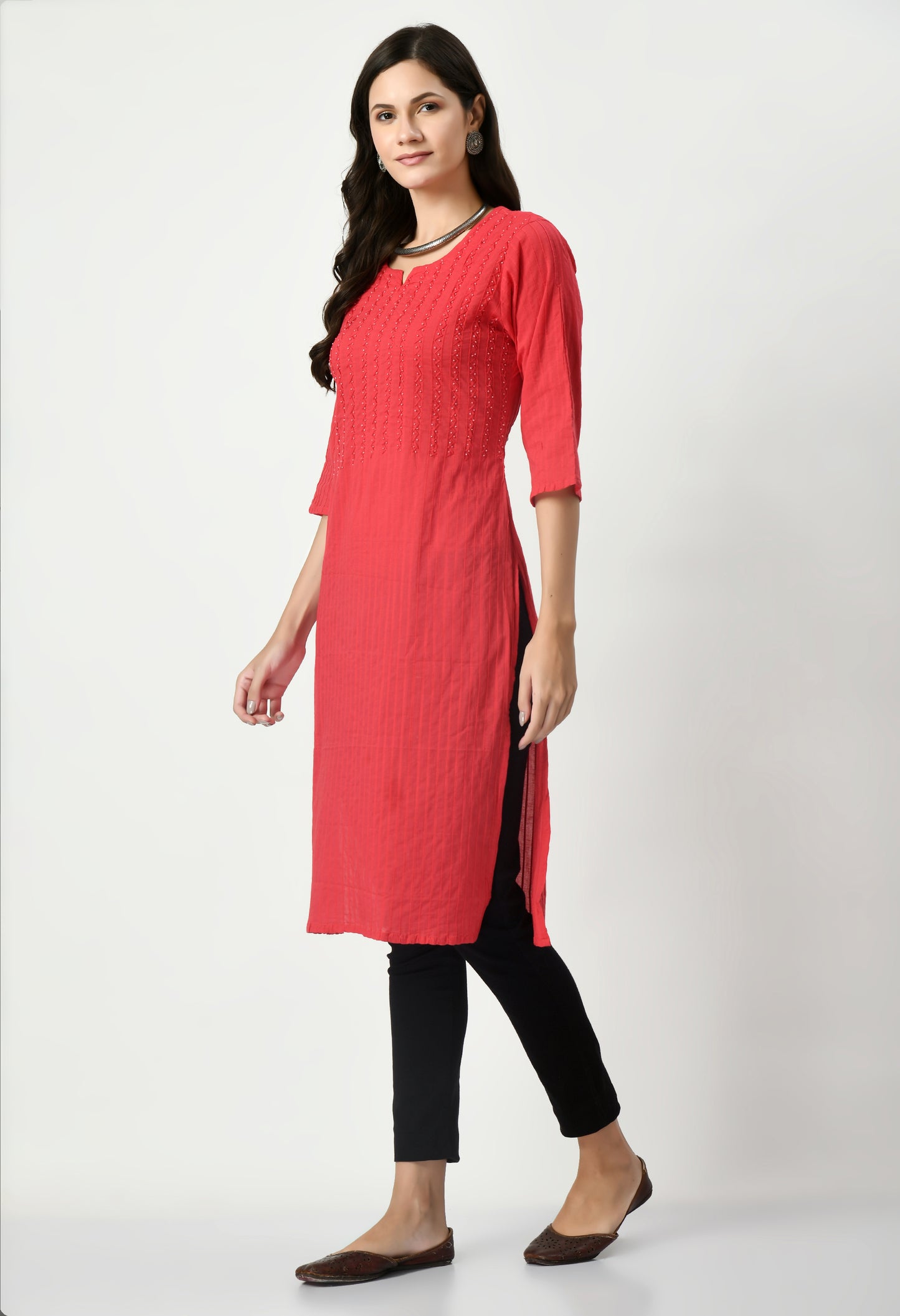 MAURYA Women's Pure Cotton Pintex Gajari Hand Work Calf Length Straight Kurti (MKT081)