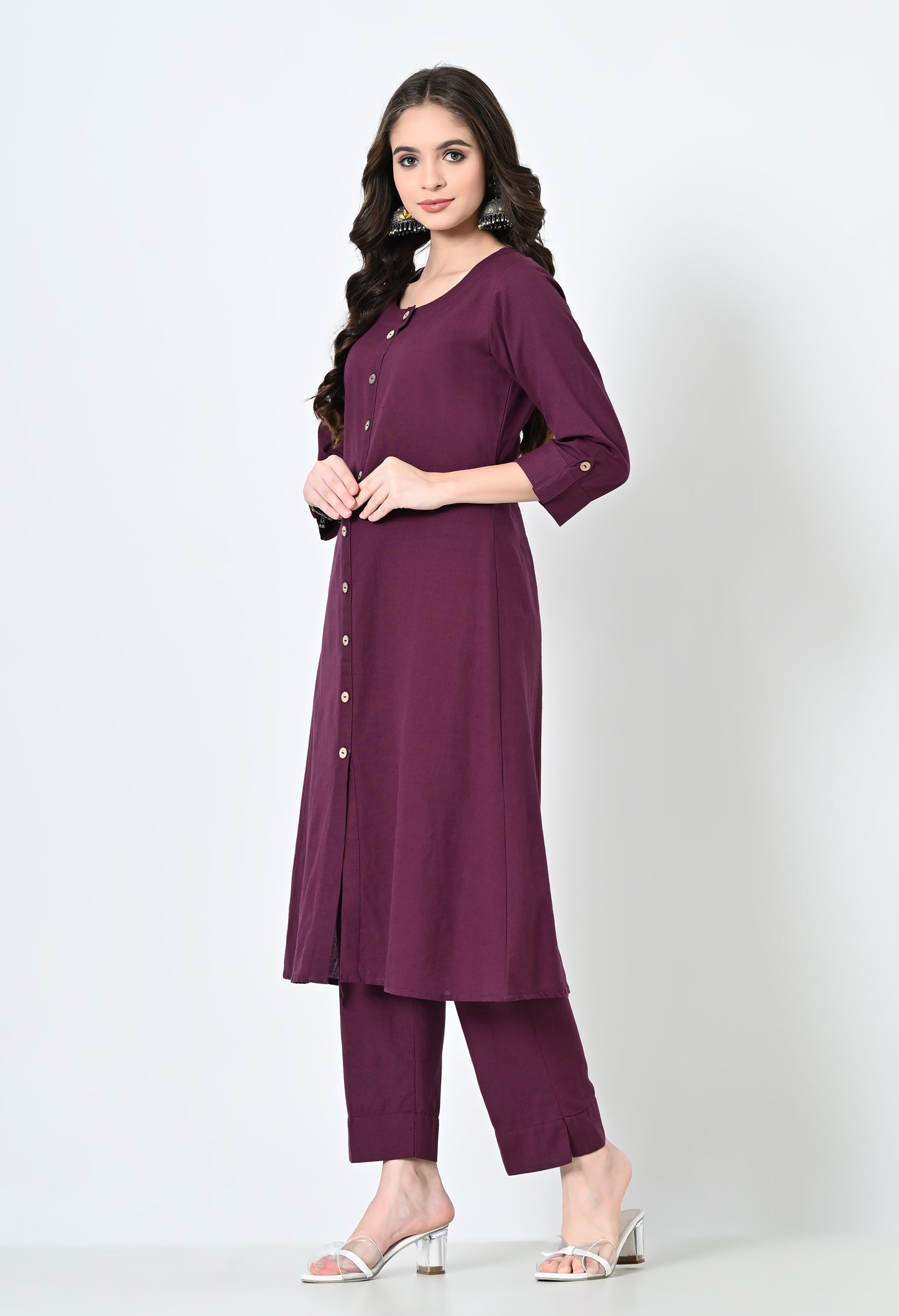 MAURYA Women's Cotton Flex Solid Purple A line Buttoned Kurta with Pant with 2 Side Pocket (MKS043)