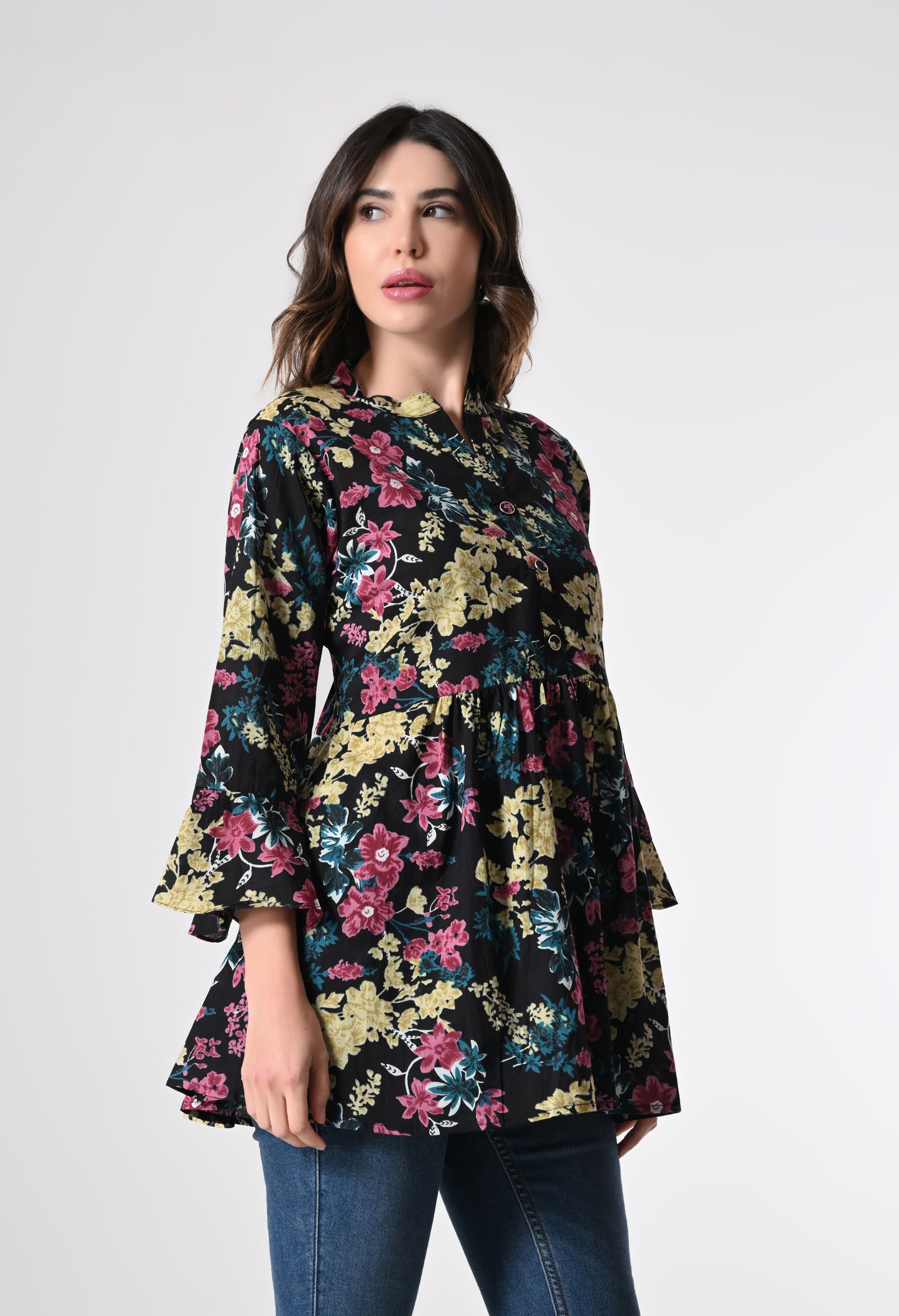MAURYA Women's Black Color Floral Print Regular V Neck Top (MTOP006)