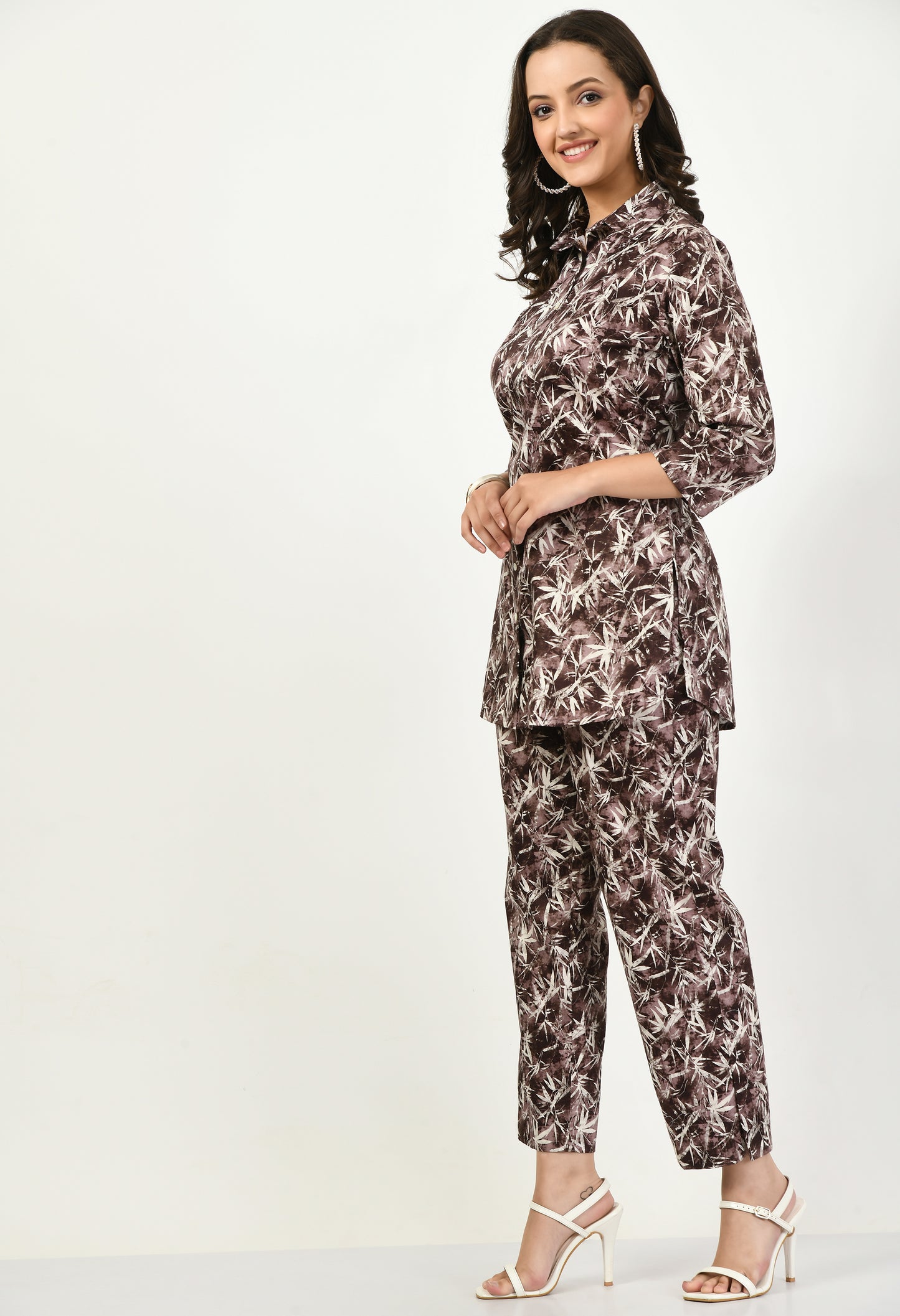 MAURYA Women's Brown Cotton Satin Printed Stylish Co-ord Set with 2 Side Pockets (MCS003)