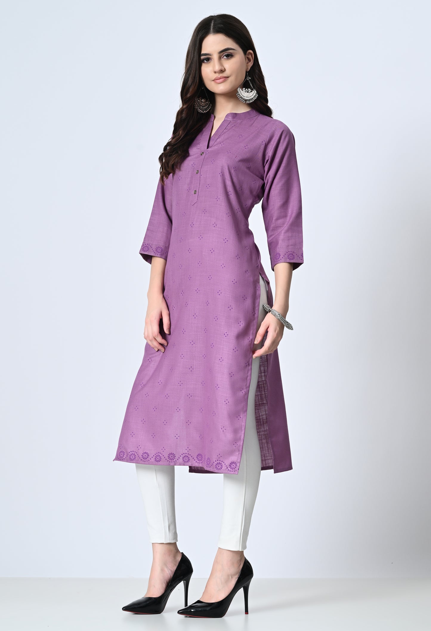 MAURYA Women's Cotton Blend Printed Purple Calf Length High Neck Straight Kurta (MKT136)