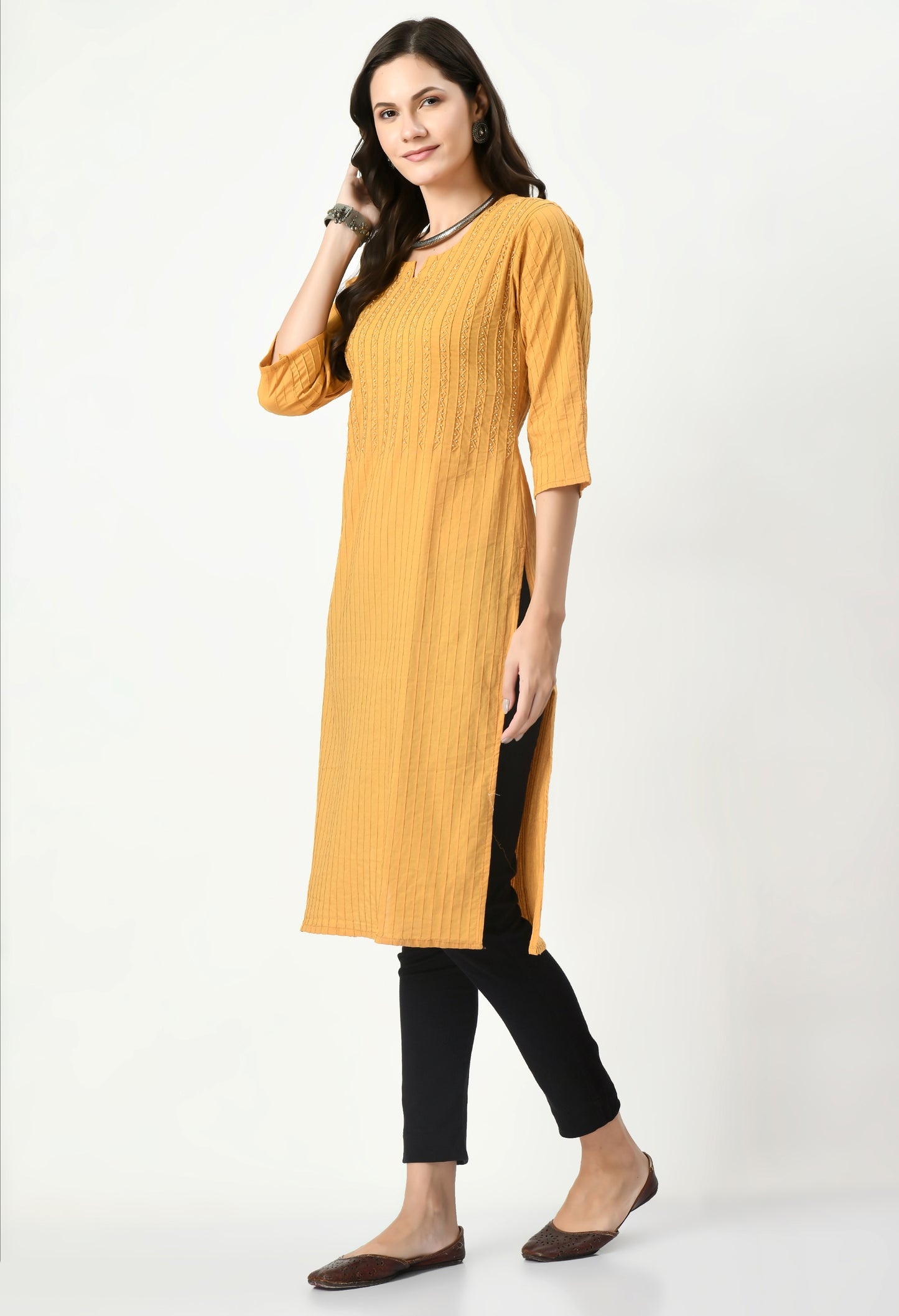 MAURYA Women's Pure Cotton Pintex Mustard Hand Work Calf Length Straight Kurti (MKT083)