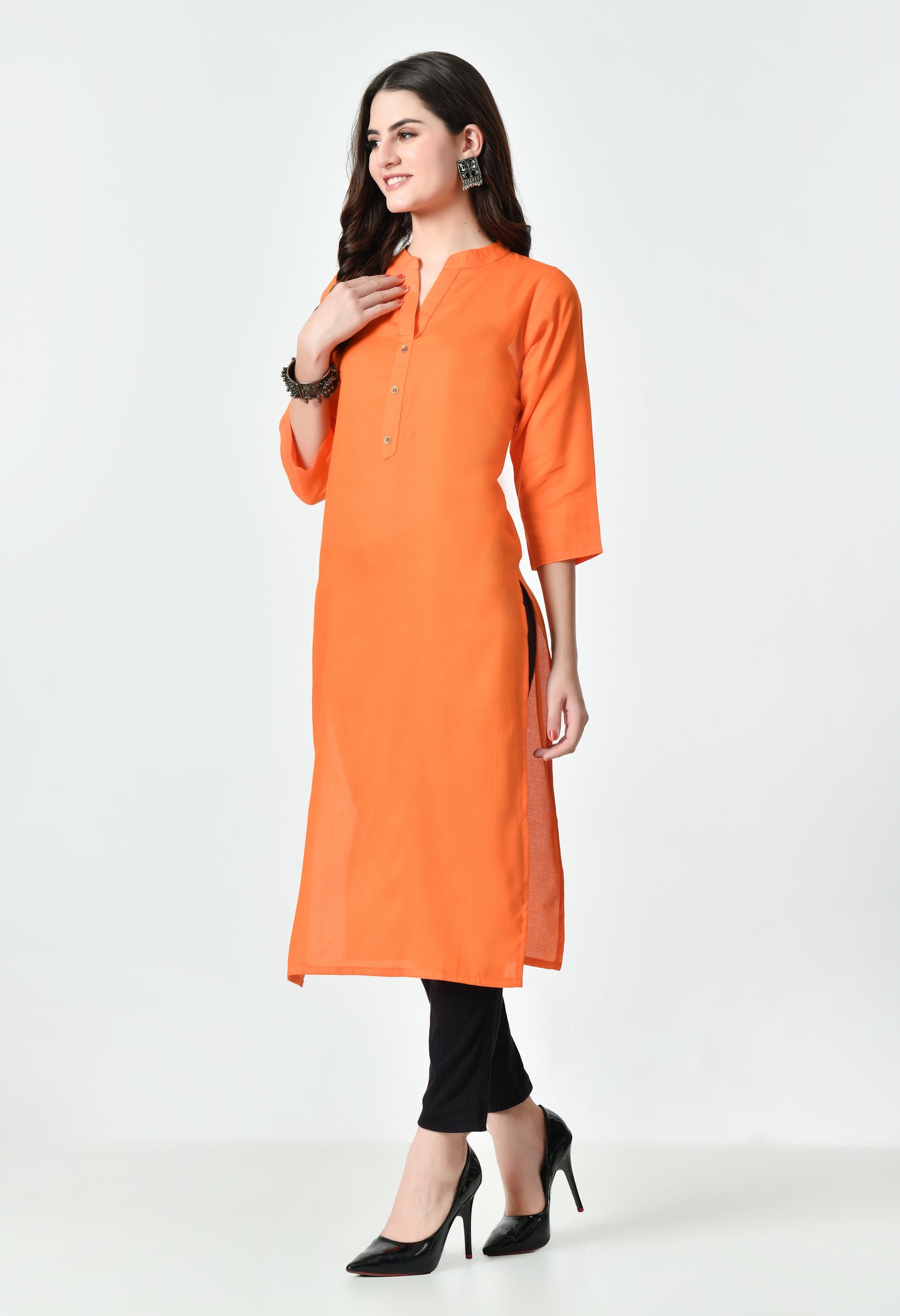 MAURYA Women's Orange Color Solid Cotton Blend Regular Straight Kurti (MKT129)
