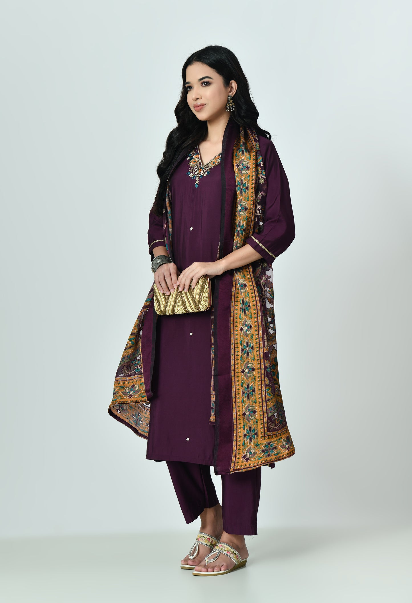 MAURYA Women's Purple Colour Poly Silk Embroidered V-Neck Beautiful Kurta Set with Stylish Dupatta (WMKS001)
