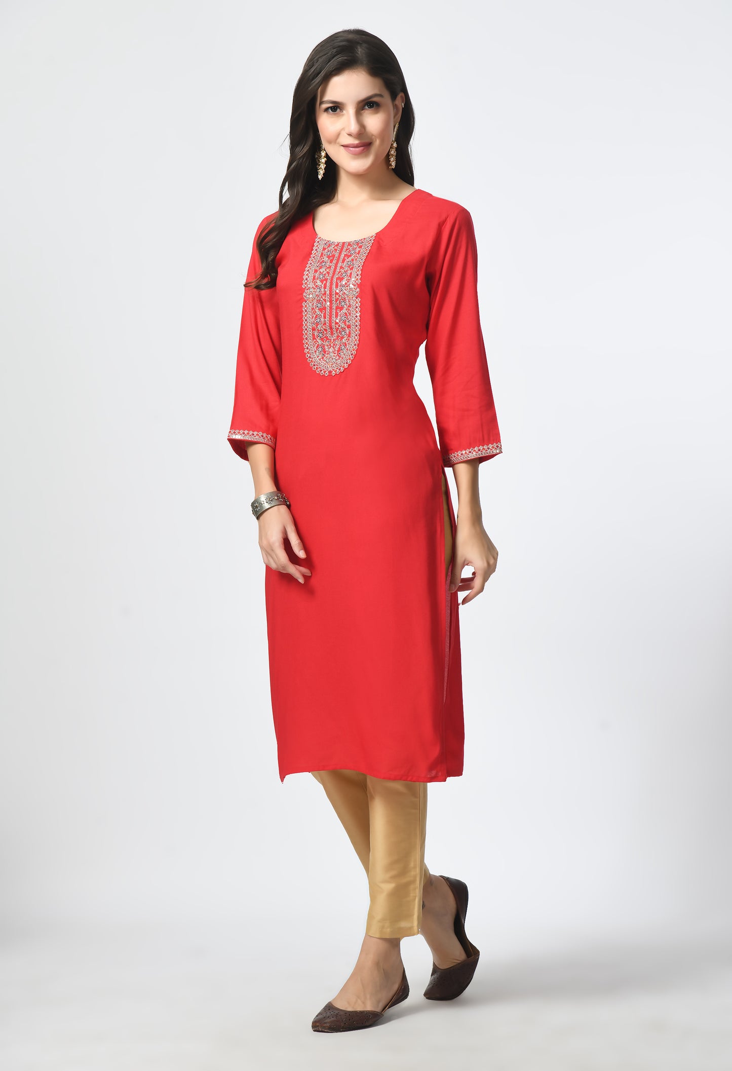 MAURYA Women's Red Rayon Solid Straight Kurta with Computer Embroidery Kurti (MKT116)