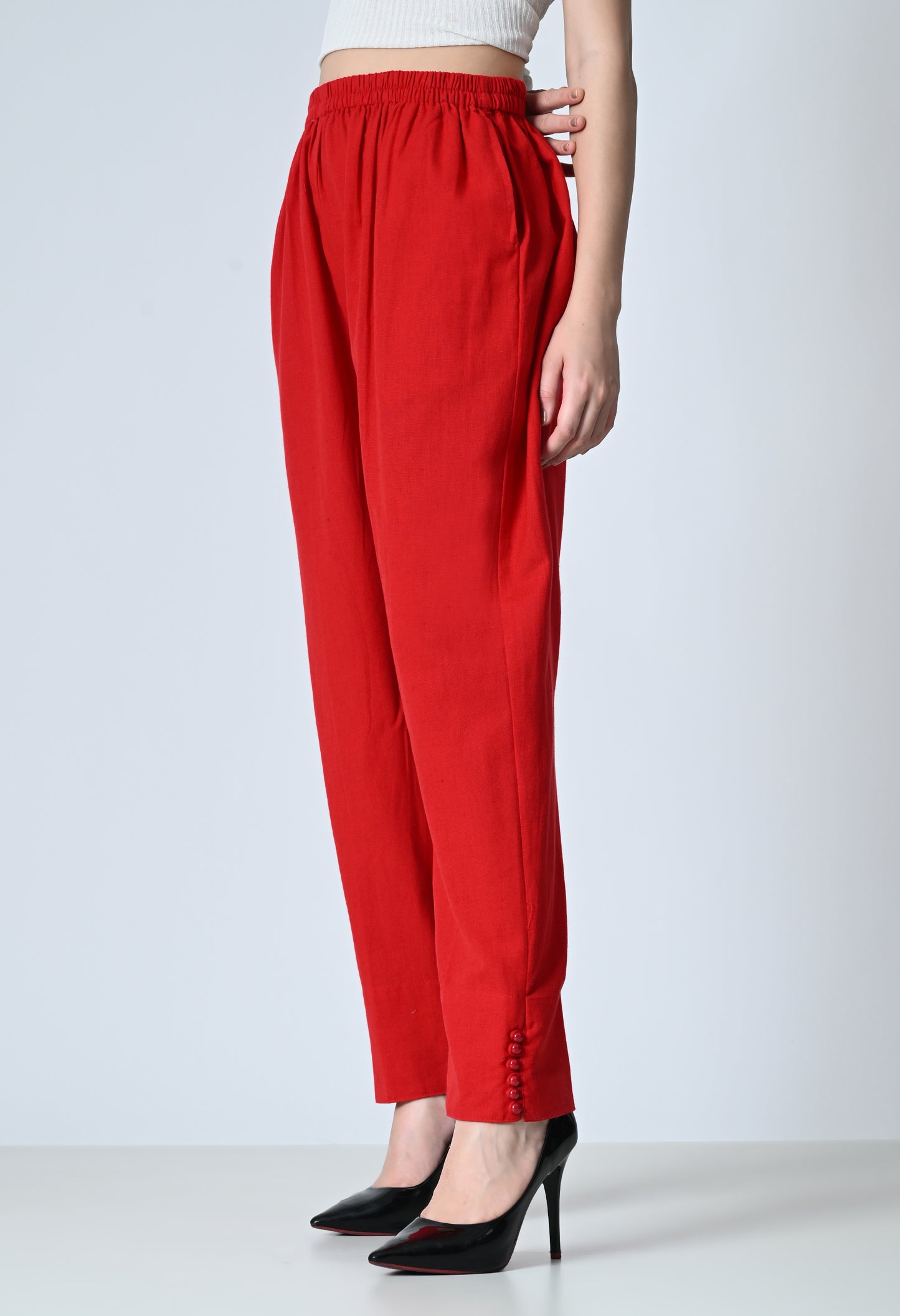 MAURYA Women's Red 100% Cotton Full-Elasticated Waist Regular Pant with 2 Side Pockets (MPT008)