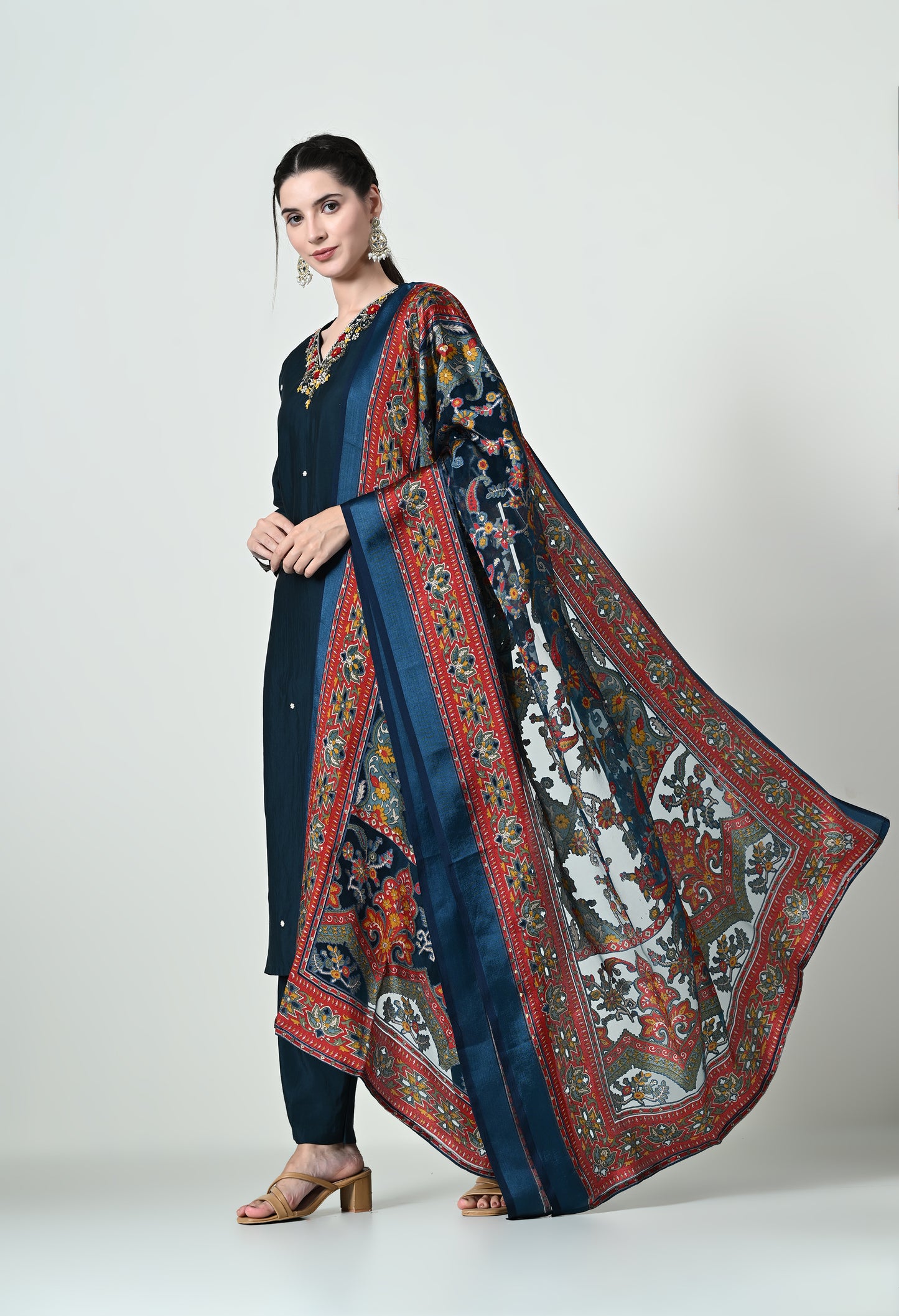 MAURYA Women's Navy Blue Colour Poly Silk Embroidered V-Neck Kurta Set with Stylish Dupatta (WMKS002)