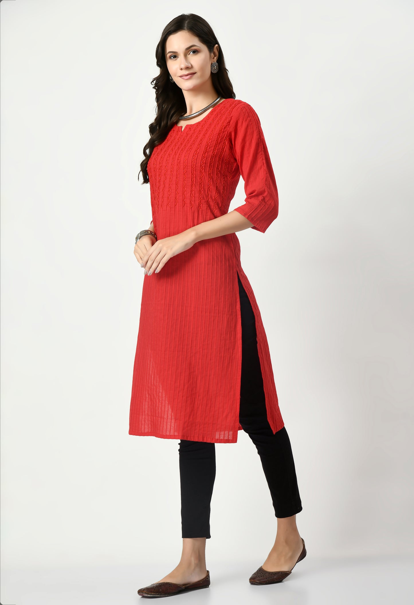 MAURYA Women's Pure Cotton Pintex Red Hand Work Calf Length Straight Kurti (MKT082)