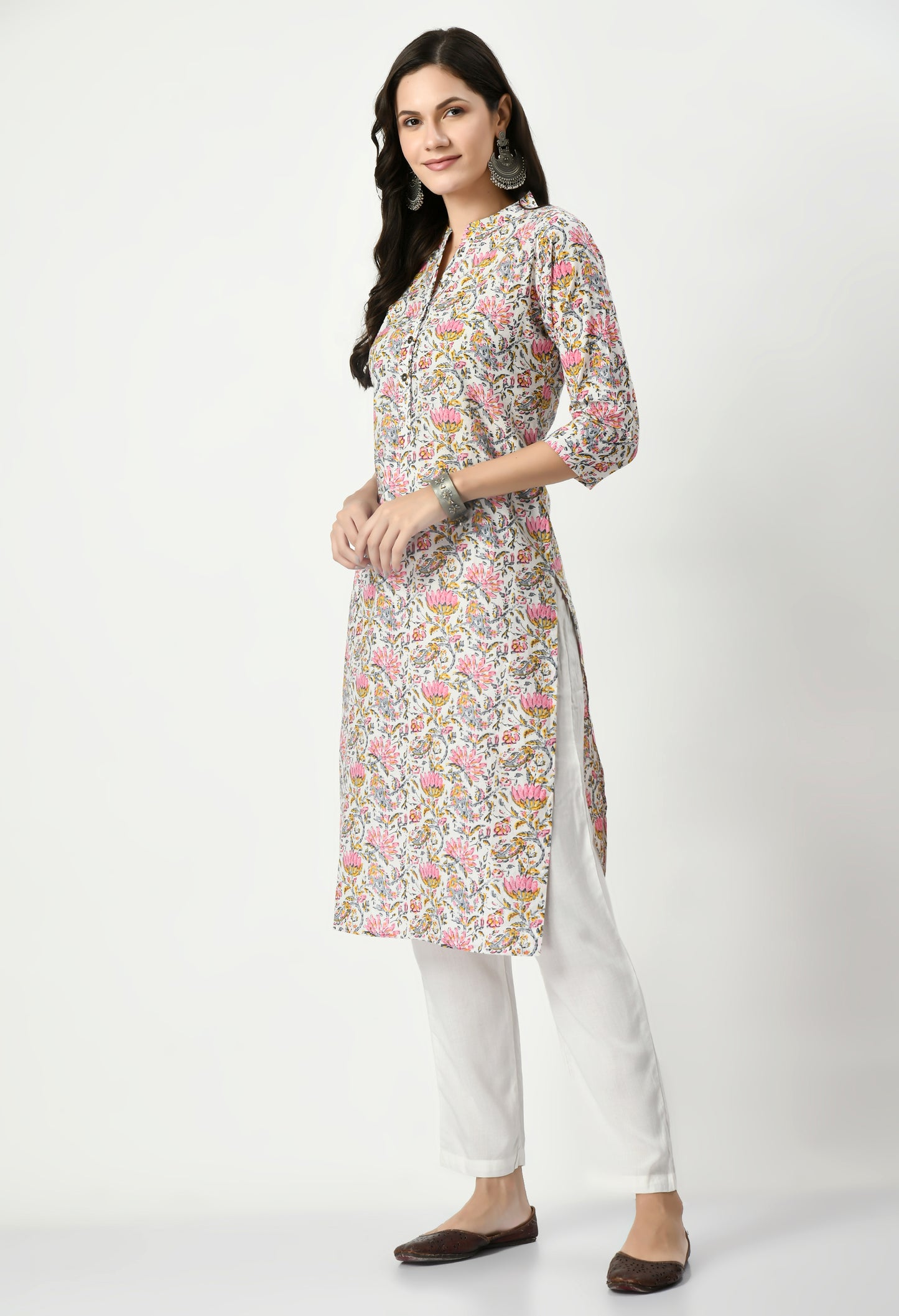 MAURYA Women's Pure Cotton Multicolor Calf Length Floral Print with Functional Buttons Straight Kurti (MKT076)