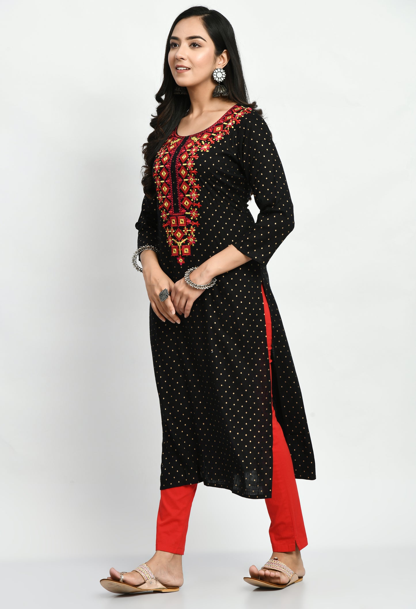 MAURYA Women's Rayon Slub Black Solid Mirror Embroidery Calf Length Straight Kurti (MKT048)