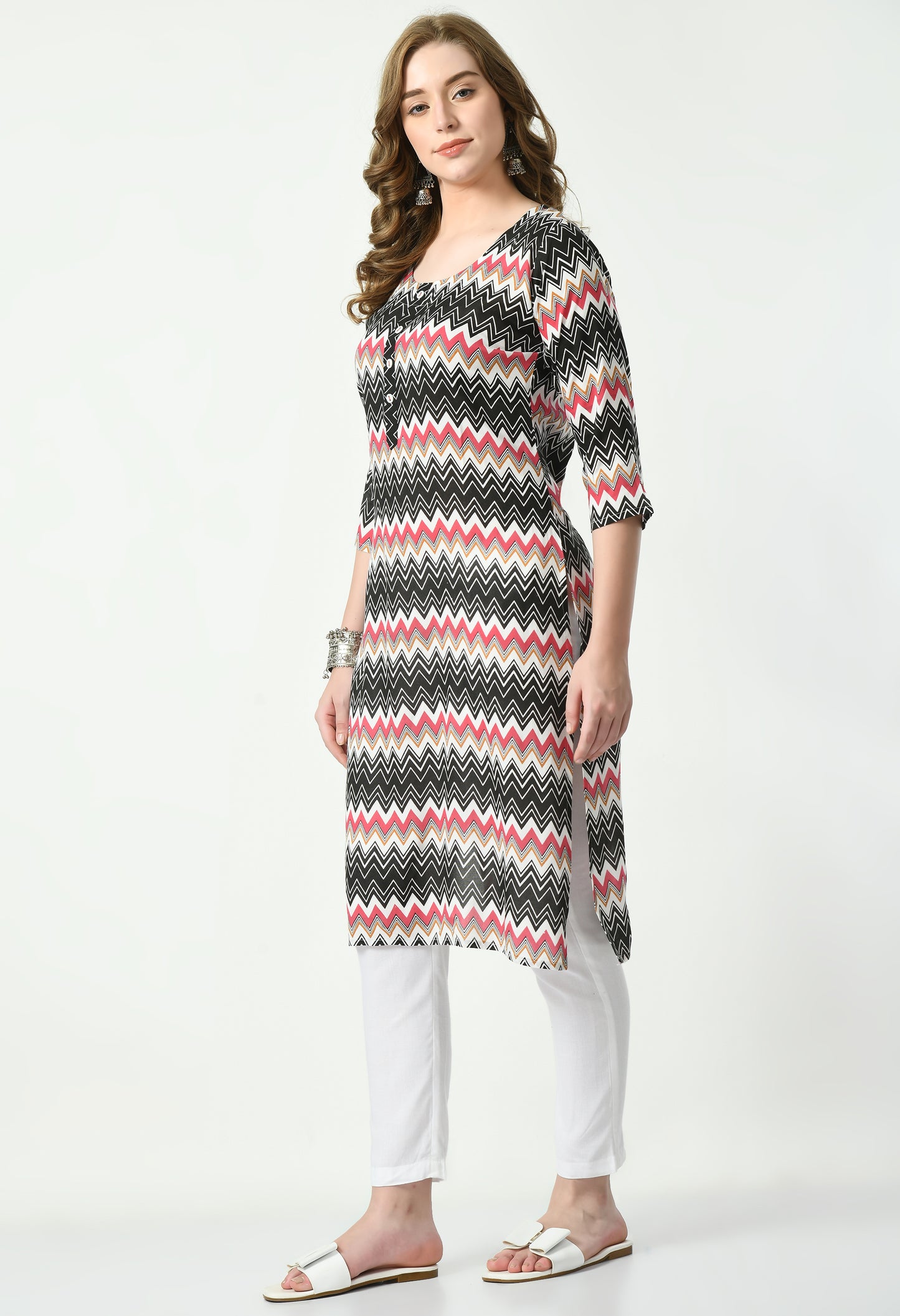 MAURYA Women's Rayon Pink Color Zig-Zag Print Calf Length Straight Kurta with Buttons (MKT090)