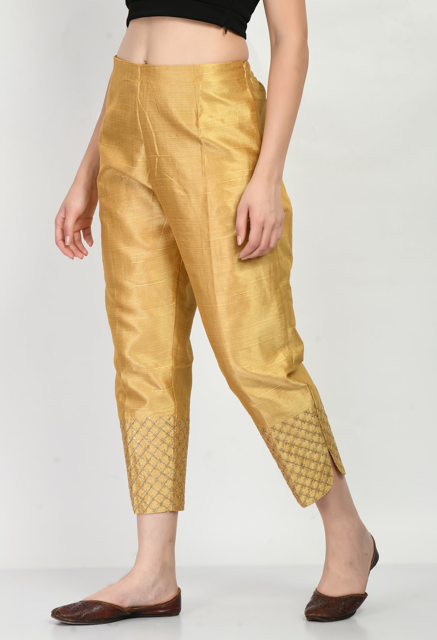 MAURYA Women's Silk Golden Color Cigarette Pant