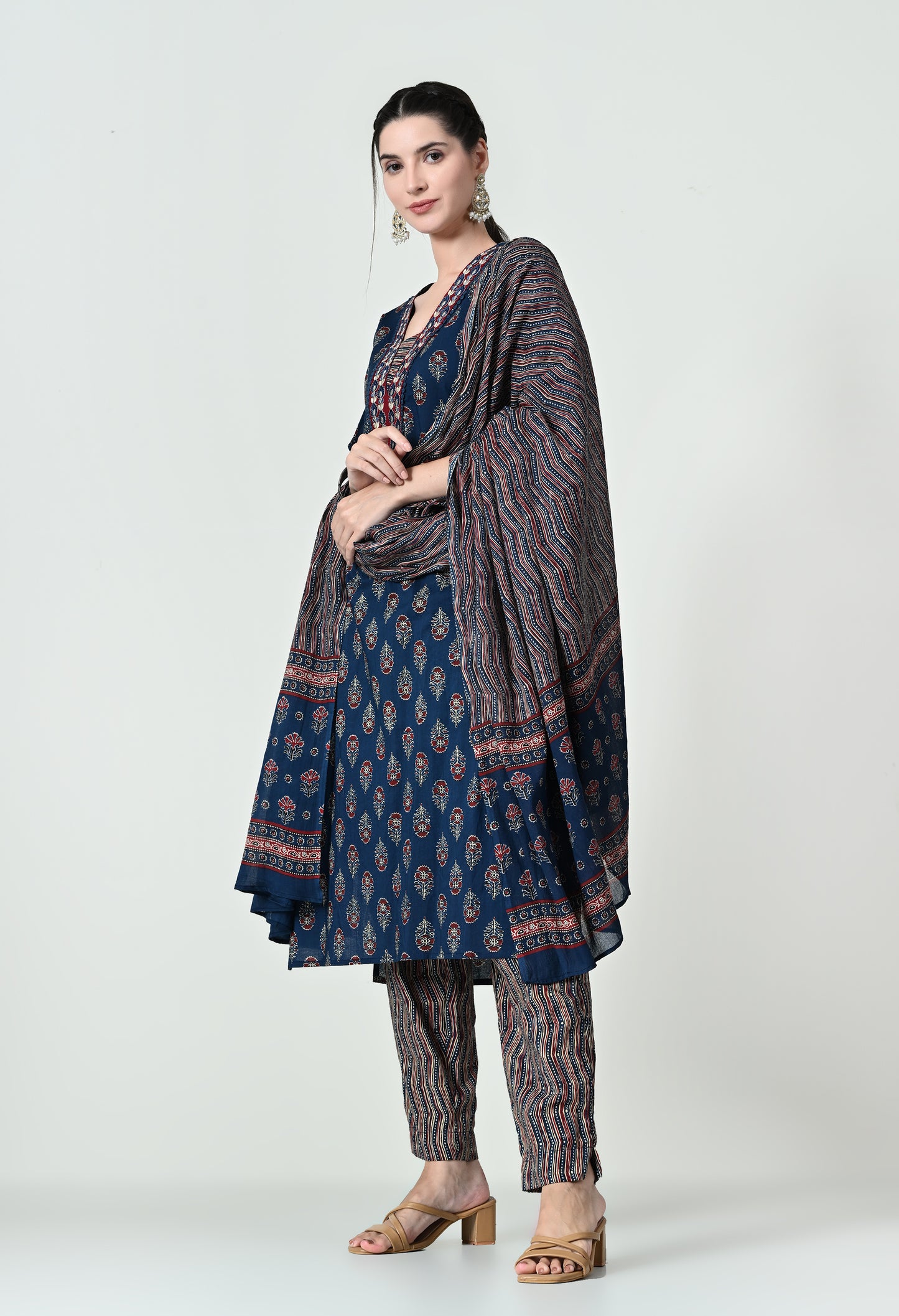MAURYA Women's 100% Cotton Kalamkari Print Blue Colour Embroidery with Lace Kurta Set with Trendy Dupatta (WMKS004)