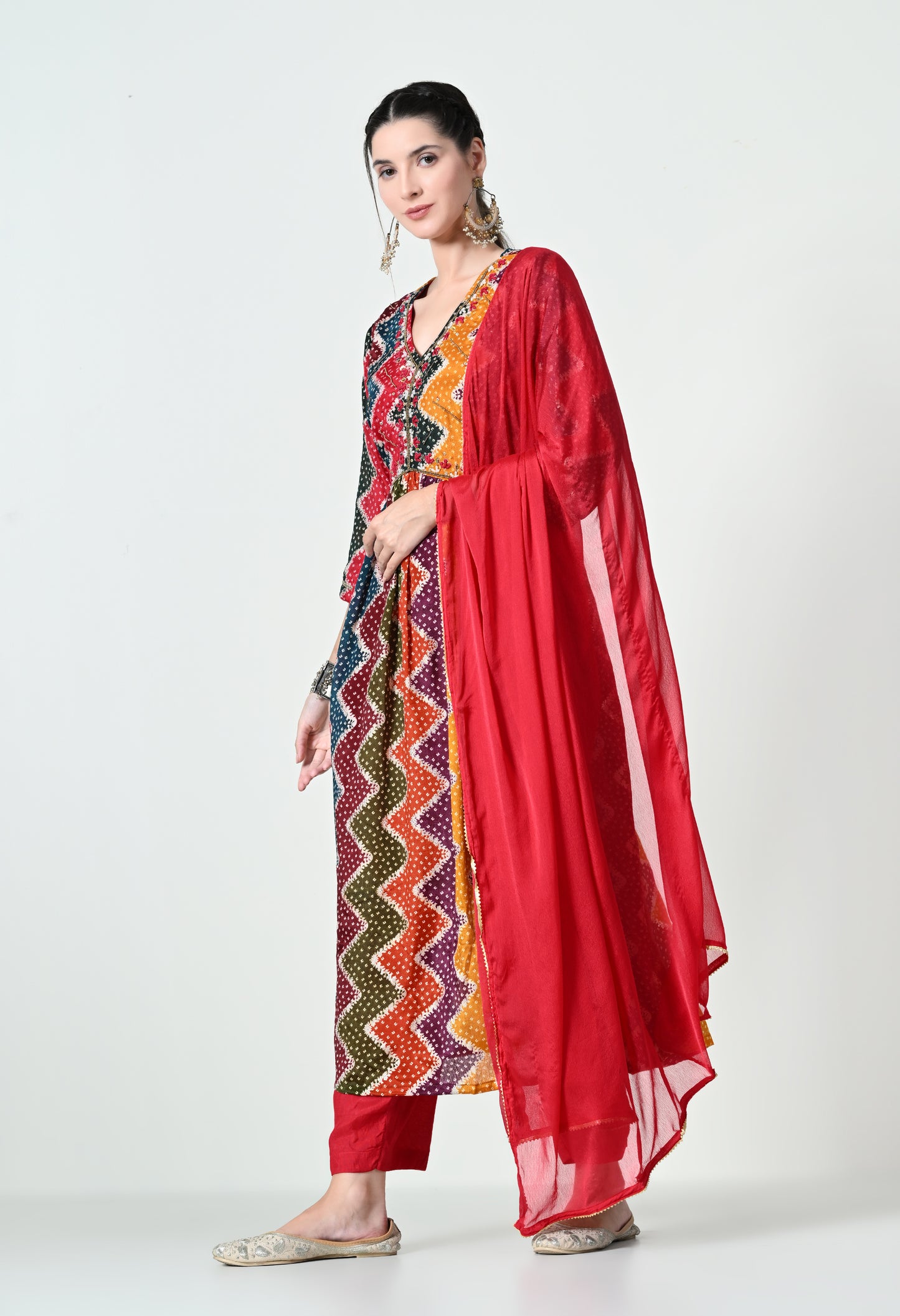 MAURYA Women's Chinon Silk Multicolor Printed V Neck Hand Work Stylish Kurta Set with Dupatta (WMKS008)