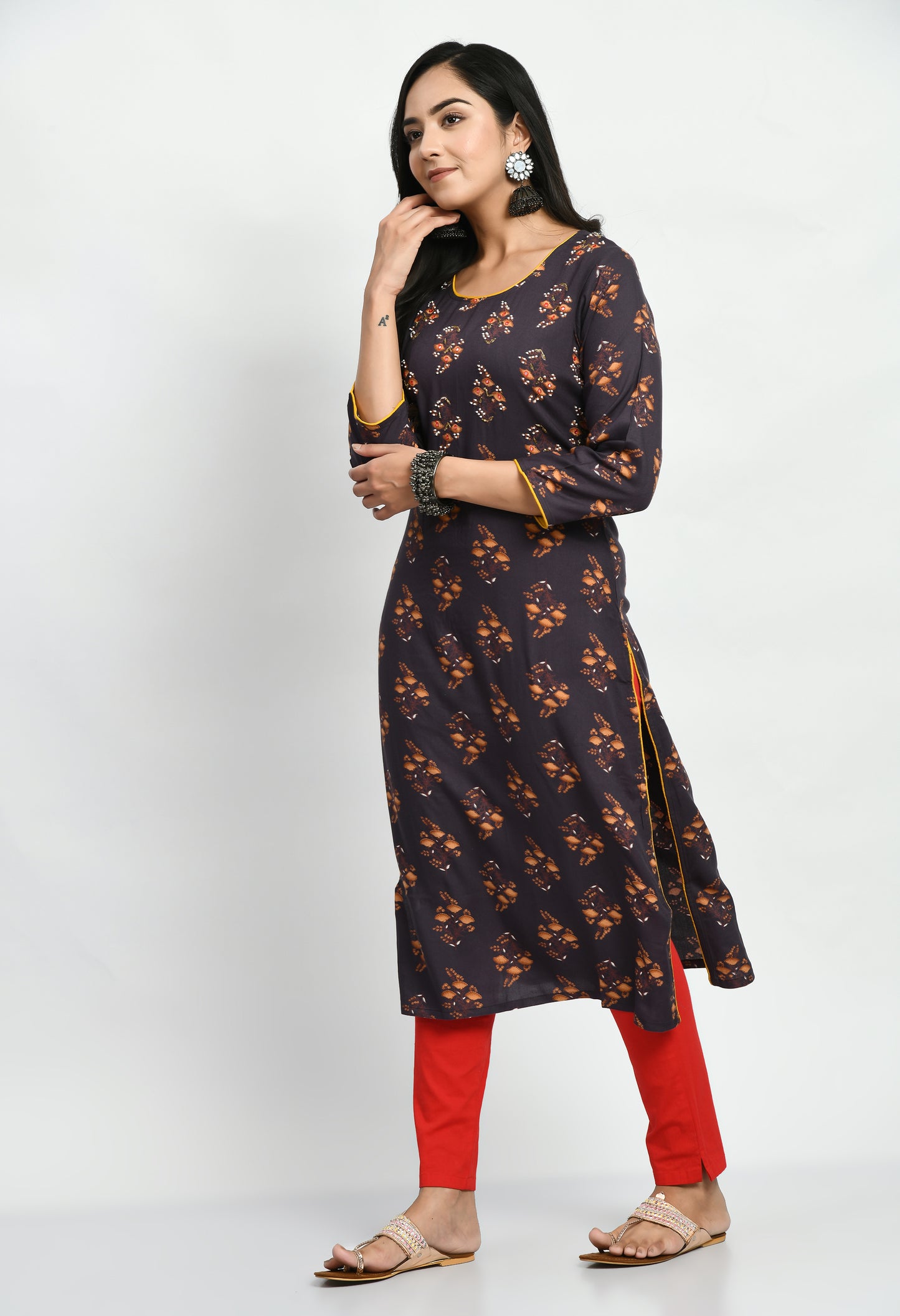 MAURYA Women's Rayon Coffee Solid Calf Length Floral Print with Beads and Mirror Straight Kurti with Mask (MKT047)