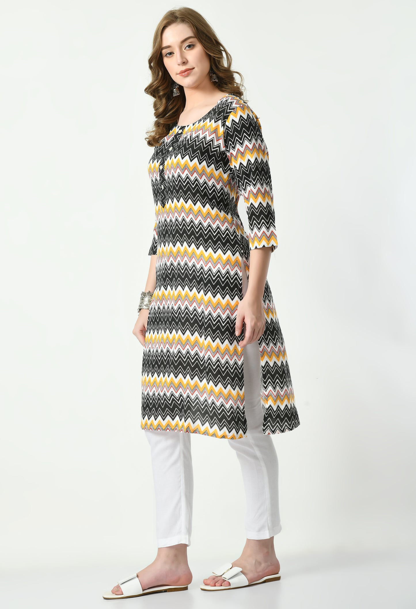 MAURYA Women's Rayon Yellow Color Zig-Zag Print Calf Length Straight Kurta with Buttons (MKT089)
