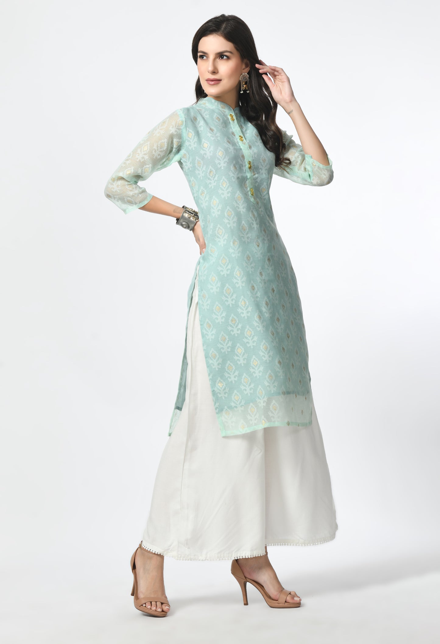 MAURYA Women's Pista Color Chanderi Braso Floral Print Straight Kurta with Cotton Lining Kurti for Women (MKT109)