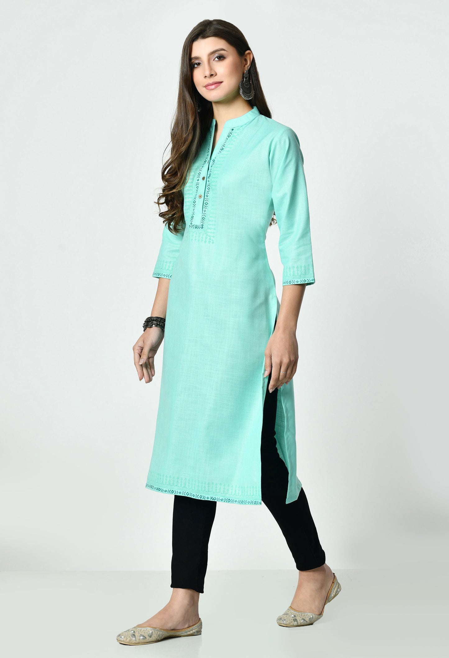 MAURYA Women's Aqua Blue Colour Printed Straight Cotton Kurti (MKT153)