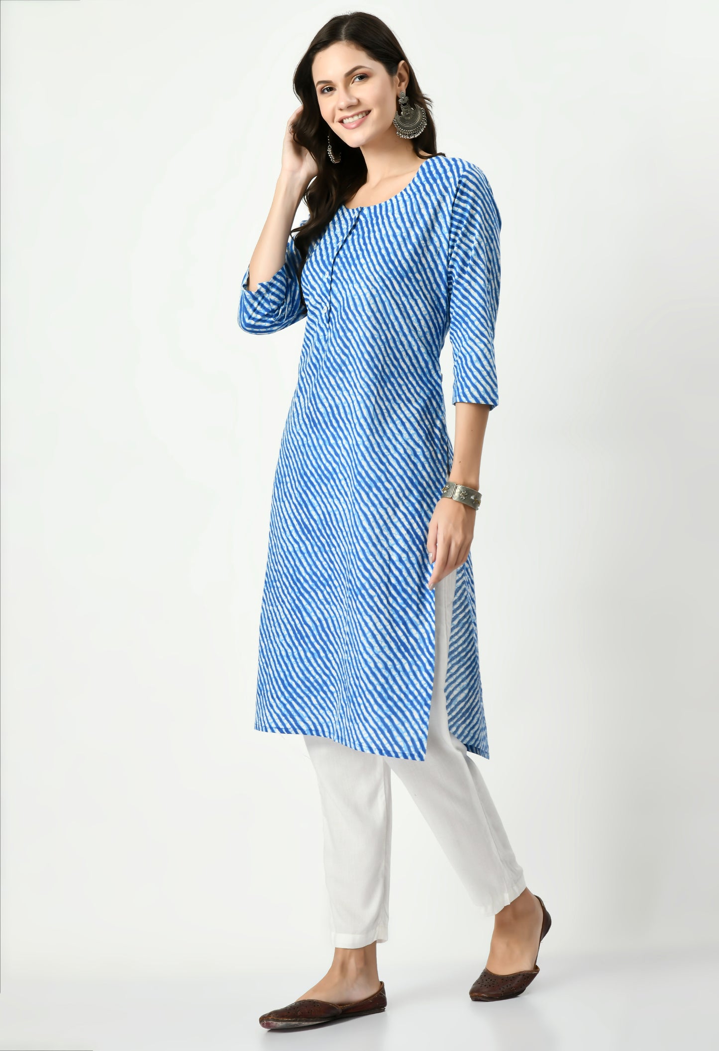 MAURYA Women's Cotton Blue Color Lehriya Print Calf Length Round Neck Straight Kurti (MKT075)
