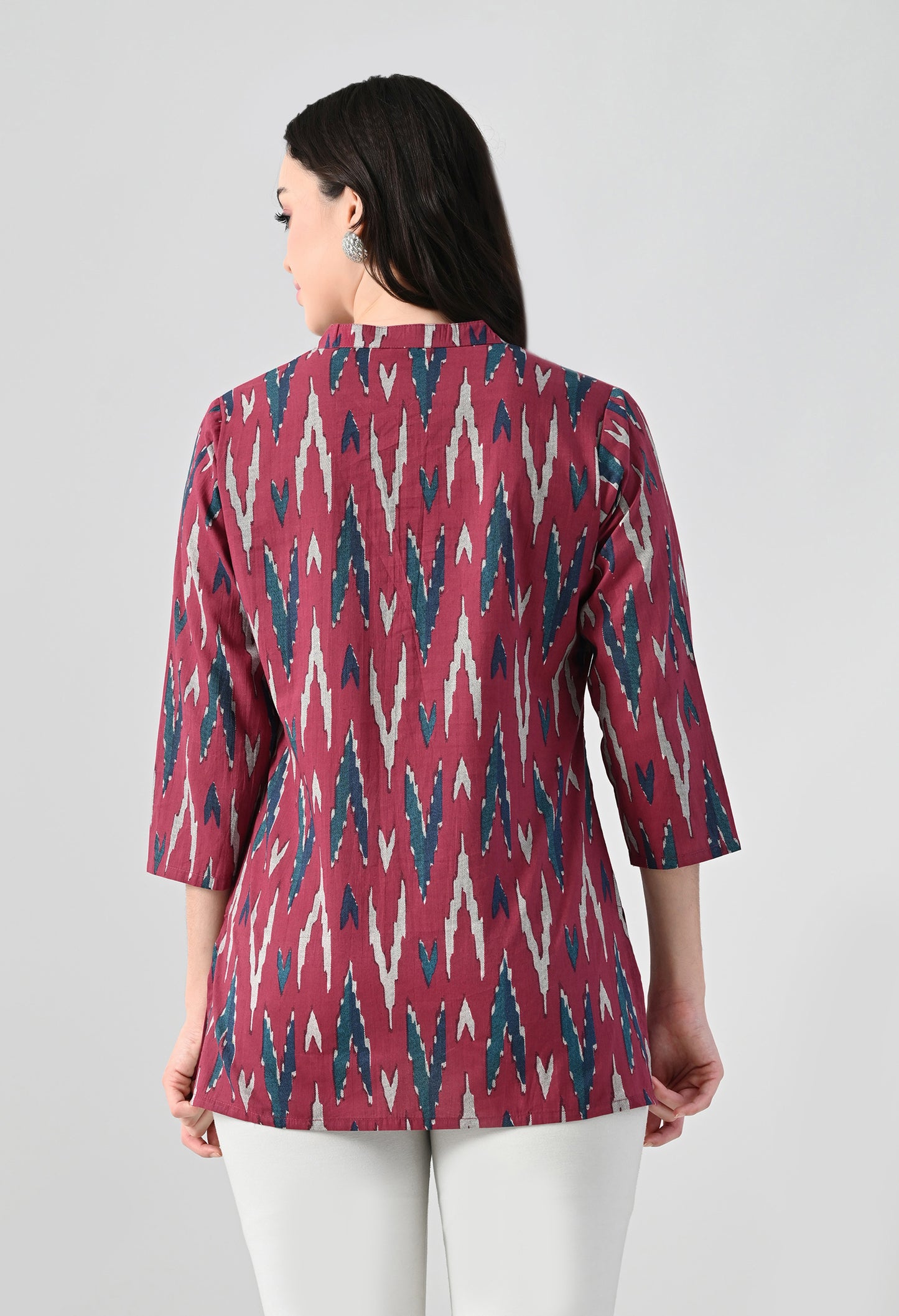 MAURYA Women's Pink Color Ikkat Print Regular V Neck Top (MTOP008)