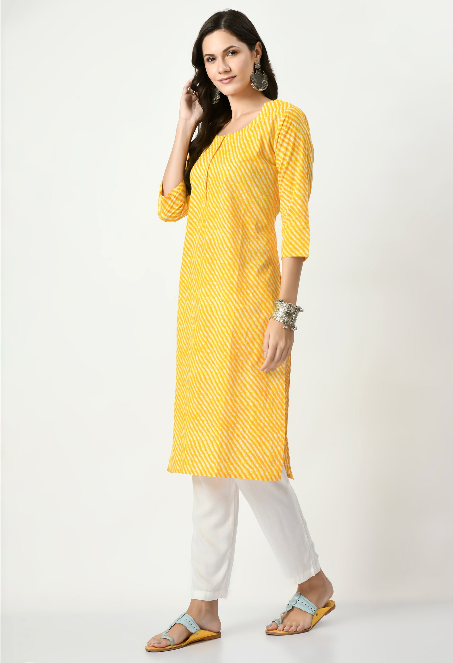 MAURYA Women's Cotton Yellow Color Lehriya Print Calf Length Round Neck Straight Kurti (MKT078)