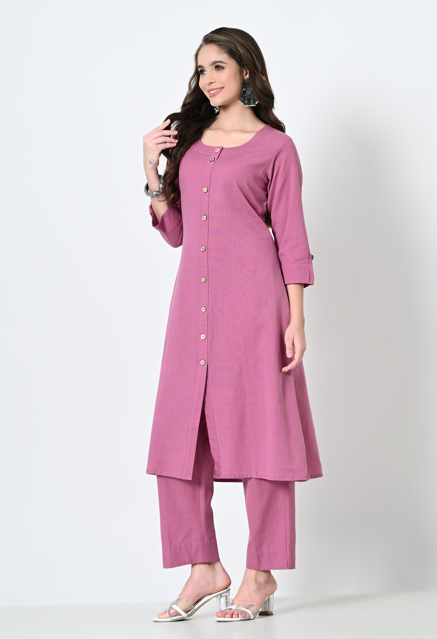 MAURYA Women's Cotton Flex Solid Piyaji A line Buttoned Kurta with Pant with 2 Side Pocket (MKS047)