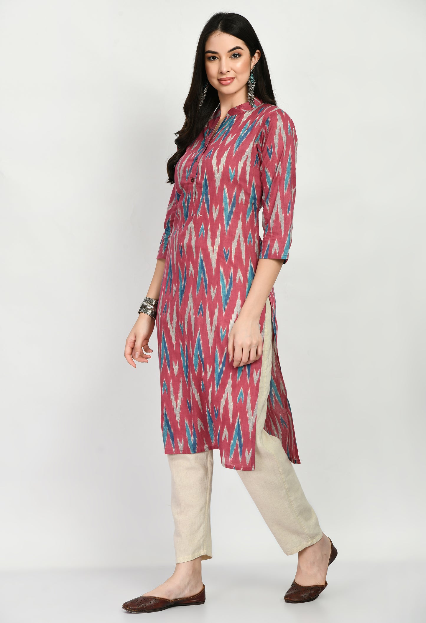 MAURYA Women's Cotton Ikkat Print Pink Color Calf Length Straight Kurta (MKT027)