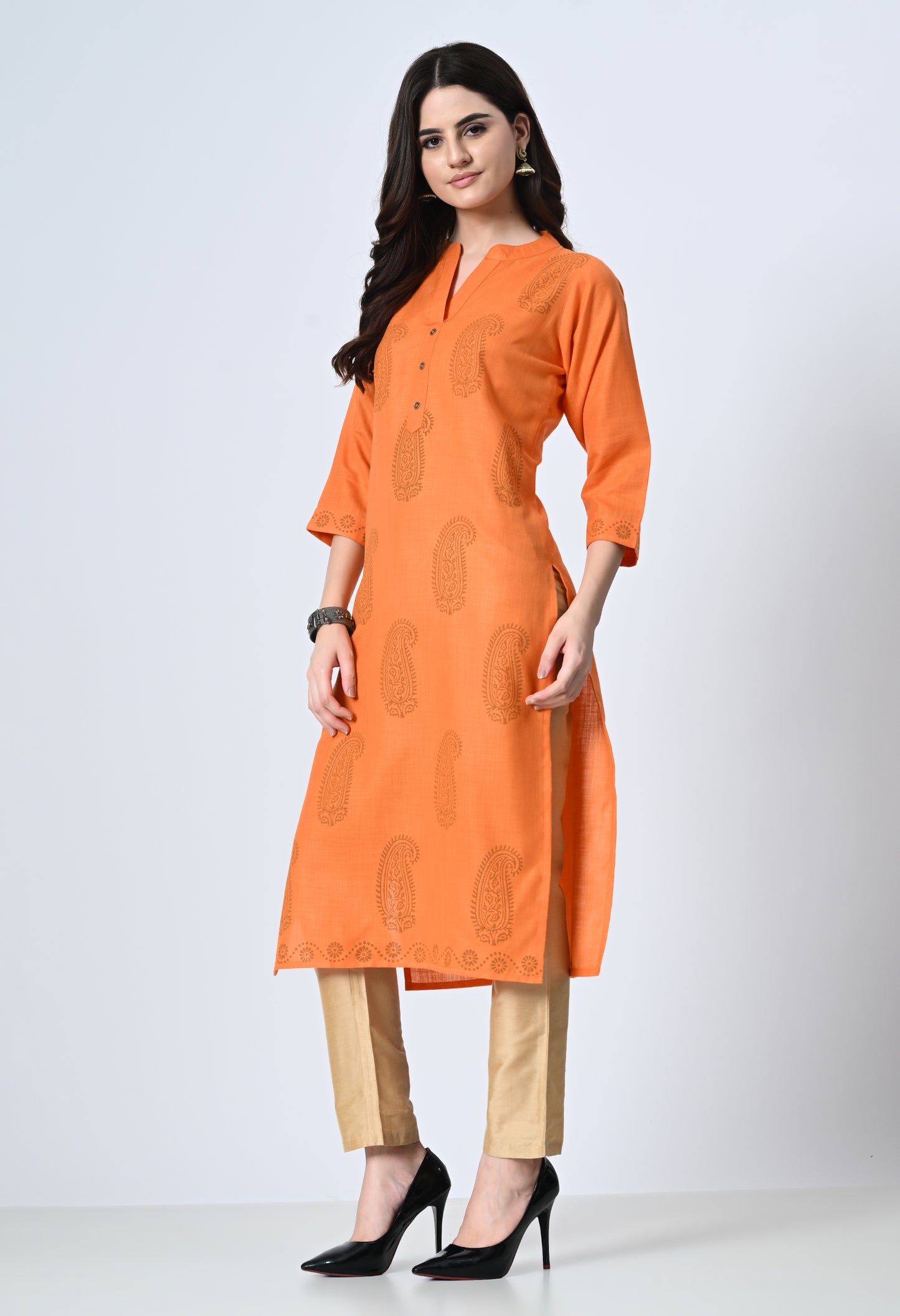 MAURYA Women's Cotton Blend Printed Orange Calf Length High Neck Straight Kurta (MKT138)