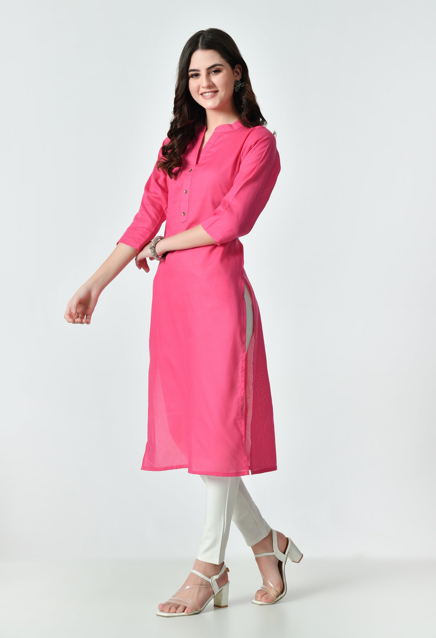 MAURYA Women's Pink Color Solid Cotton Blend Regular Straight Kurti (MKT125)