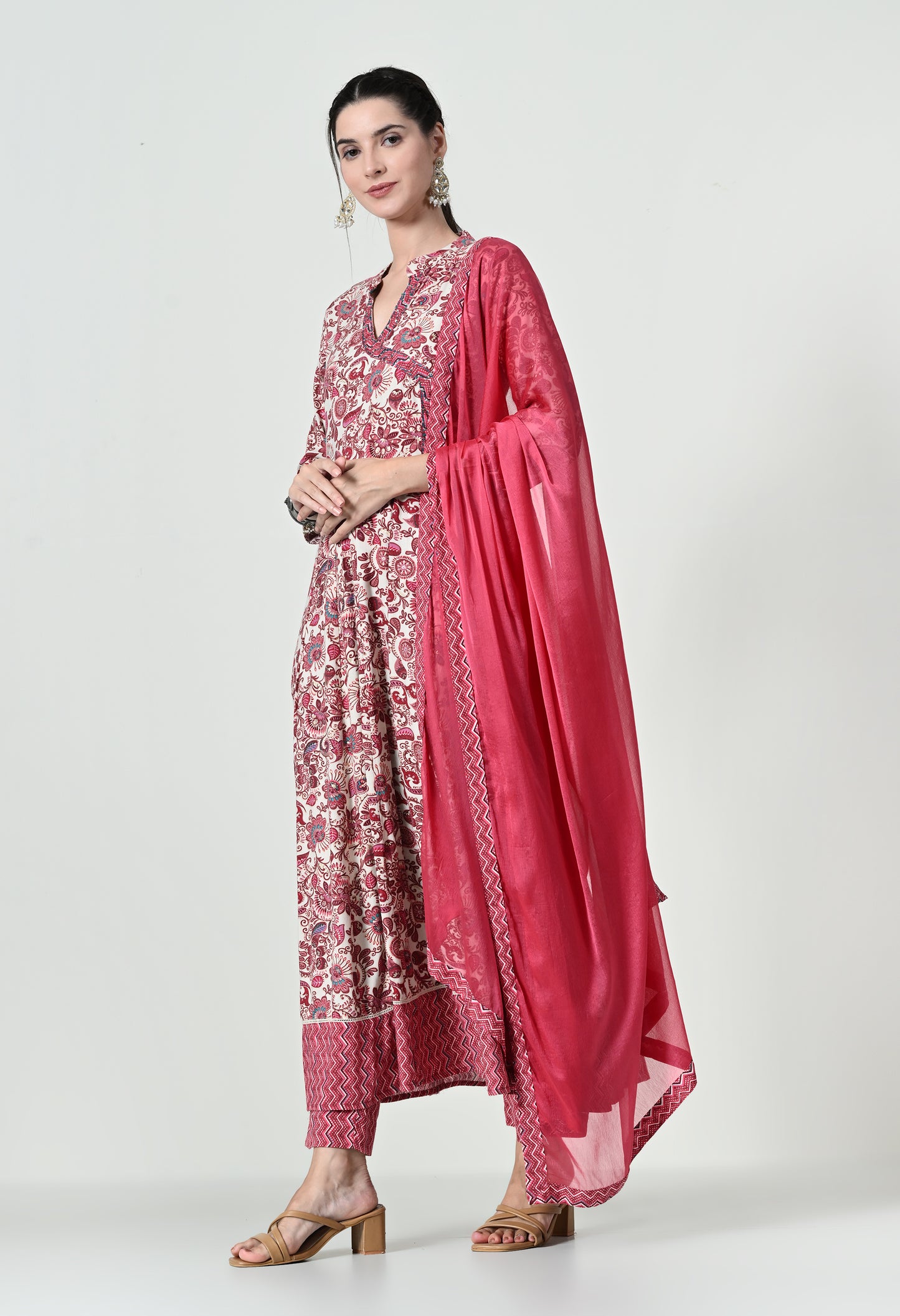 MAURYA Women's Coral Colour Rayon Hand Work Anarkali Fancy Kurta Set with Dupatta (WMKS006)