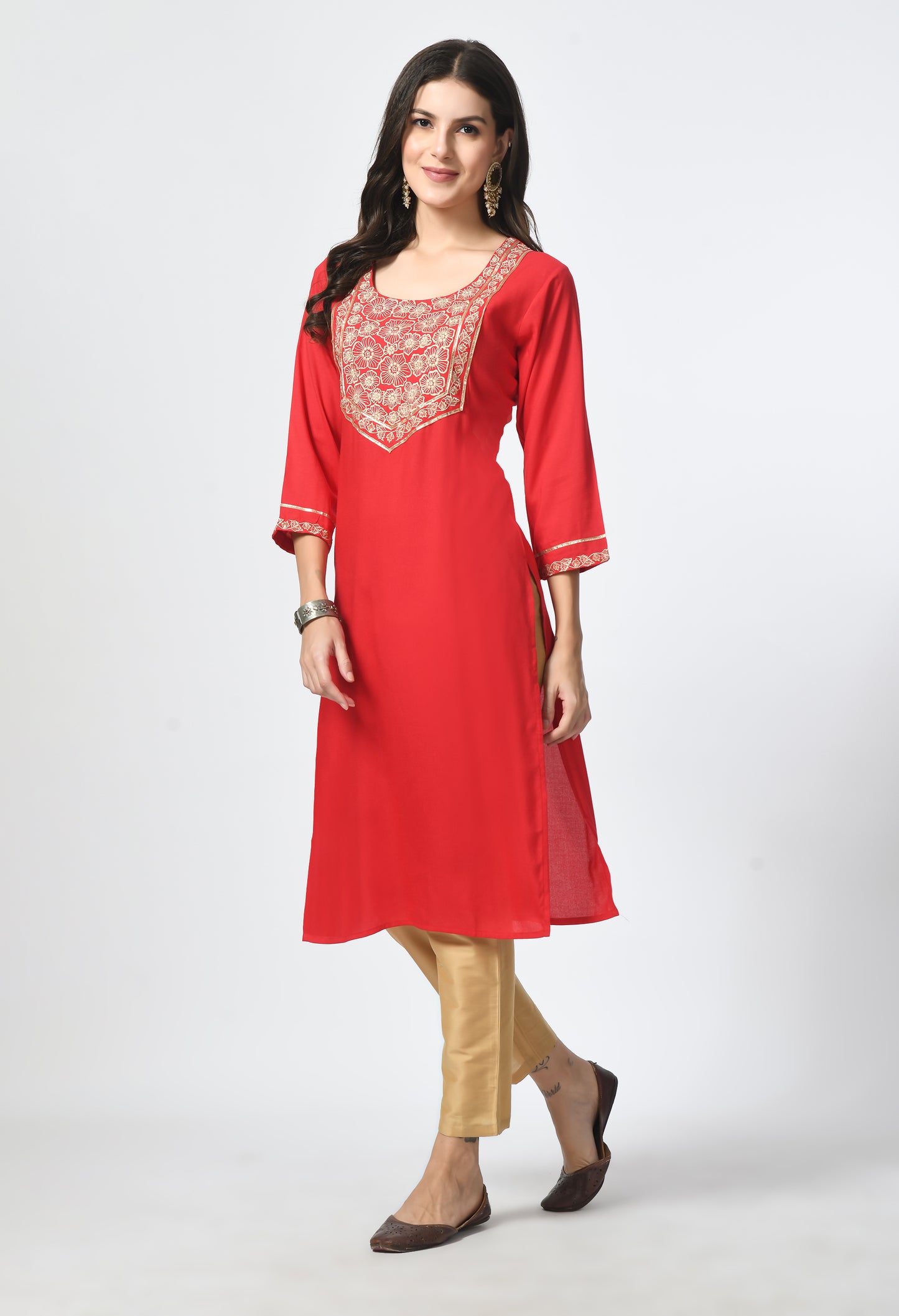 MAURYA Women's Red Rayon Solid Straight Kurta with Computer Embroidery Kurti (MKT115)