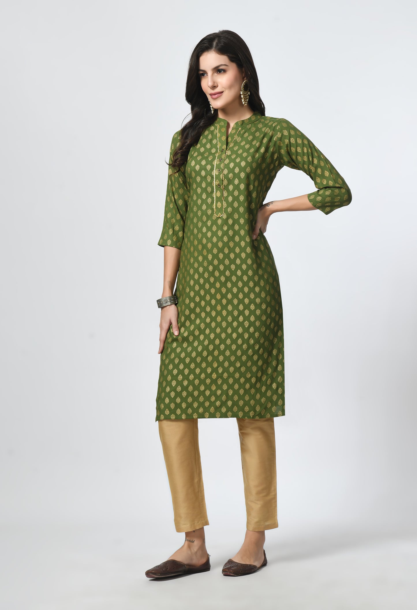 MAURYA Women's Green Rayon 12Kg Gold Floral Print Functional Button Straight Kurti (MKT121)