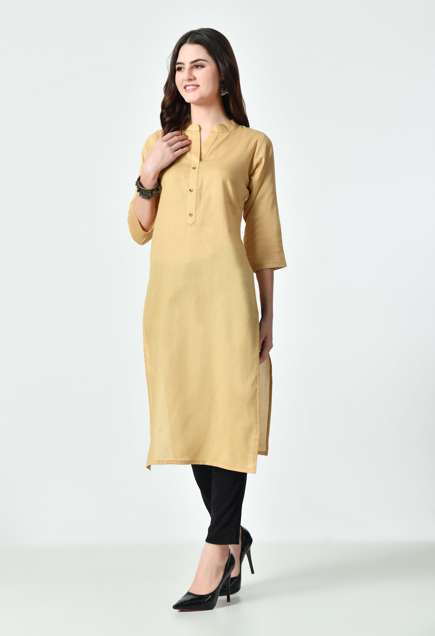 MAURYA Women's Beige Color Solid Cotton Blend Regular Straight Kurti (MKT130)