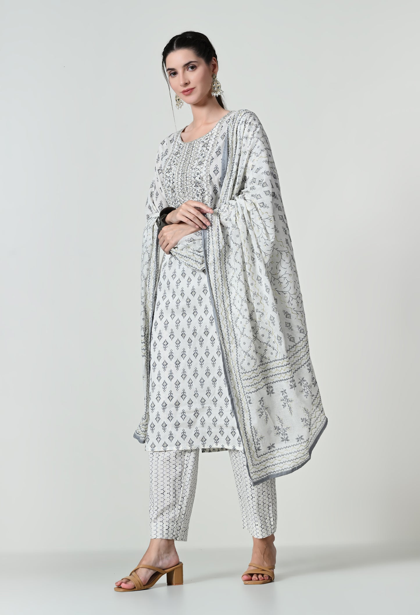 MAURYA Women's 100% Cotton Off White Foil Print Embroidery with Sequence Kurta Set with Dupatta (WMKS011)