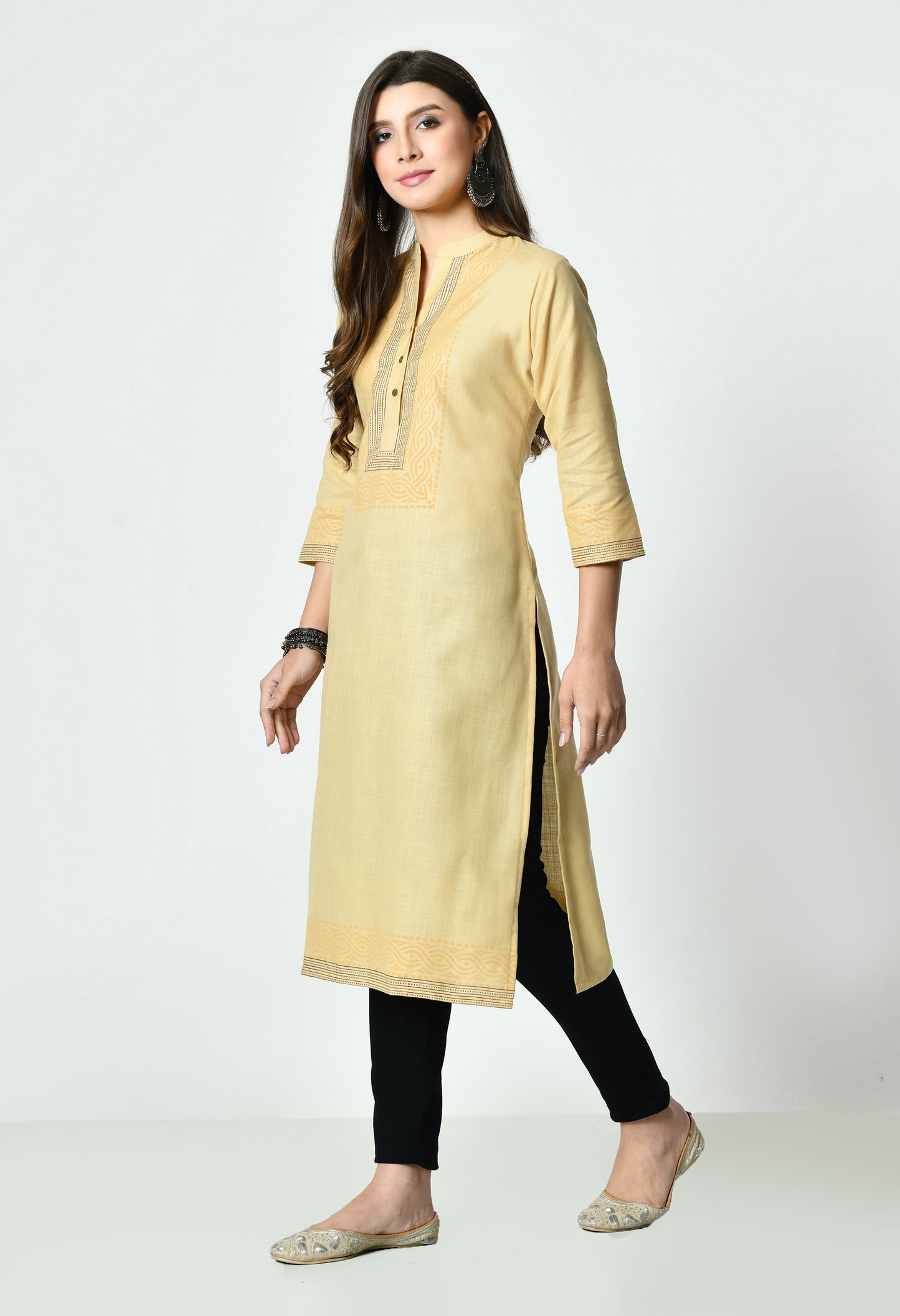 MAURYA Women's Fawn Colour Printed Straight Cotton Kurti (MKT152)
