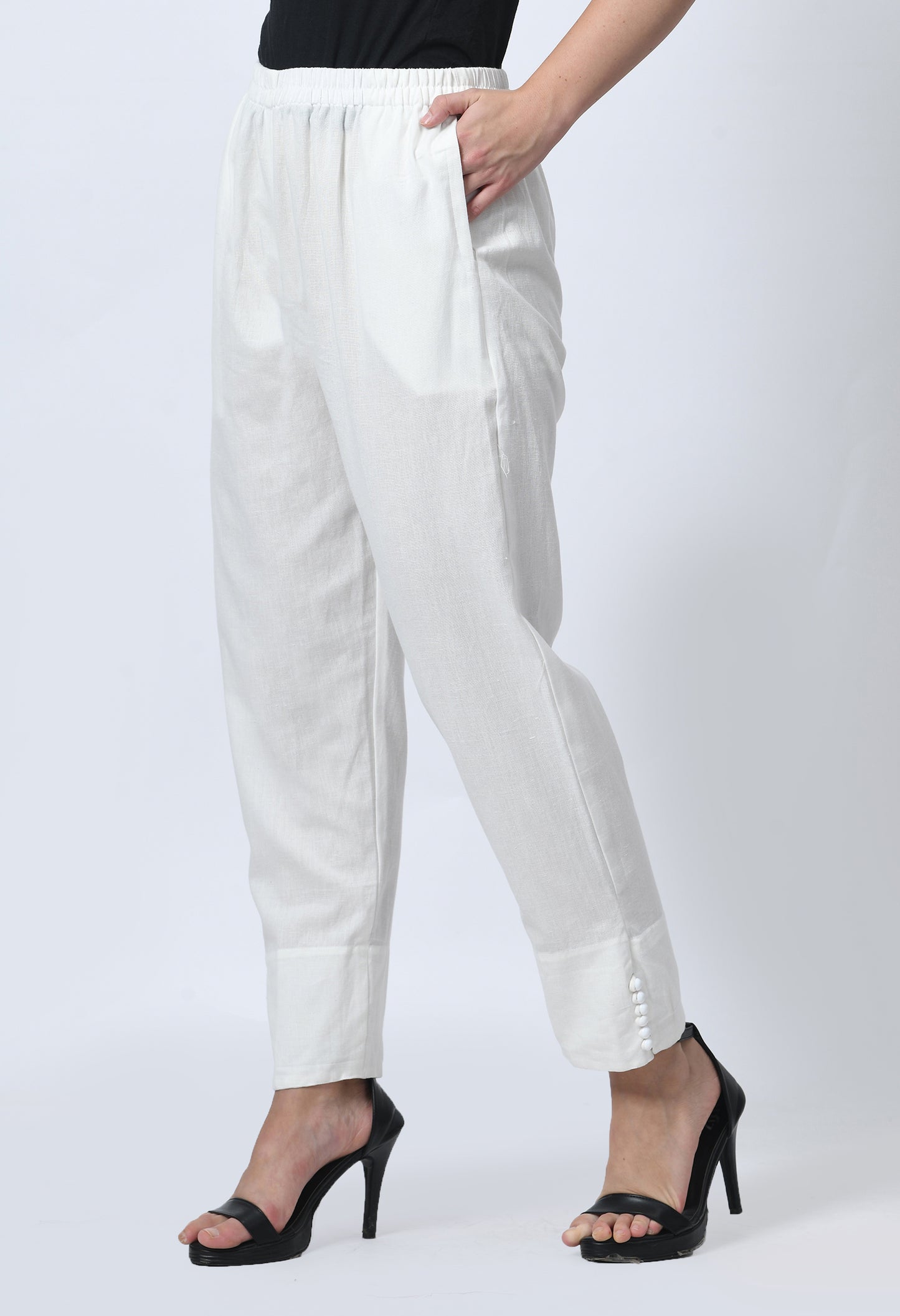 MAURYA Women's Off White 100% Cotton Full-Elasticated Waist Regular Pant with 2 Side Pockets (MPT006)